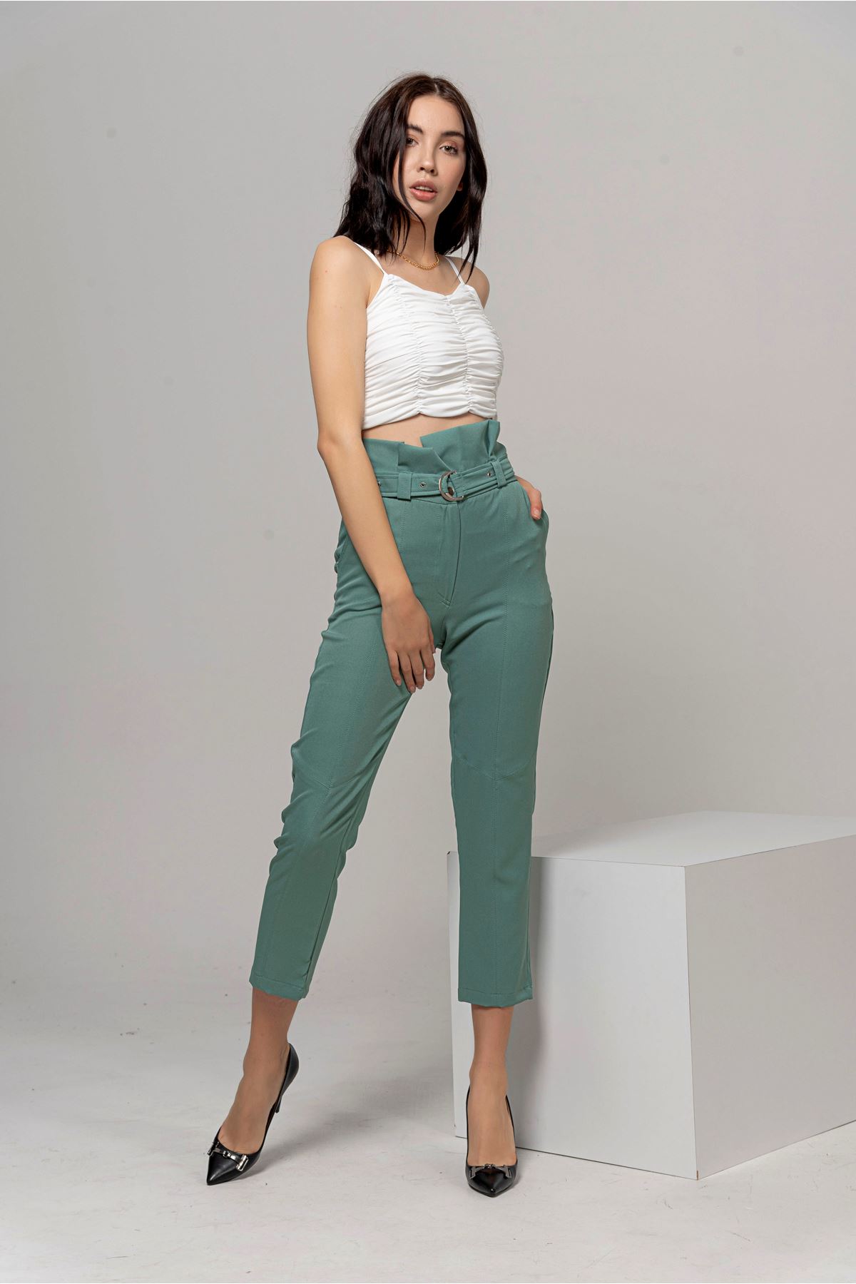Atlas Kumaş Klasik Yüksel Bel Kadın Pantolon-Mint