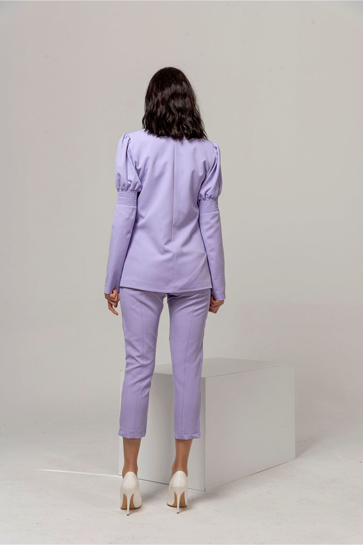 Atlas Kumaş Klasik Yüksel Bel Kadın Pantolon-Lila