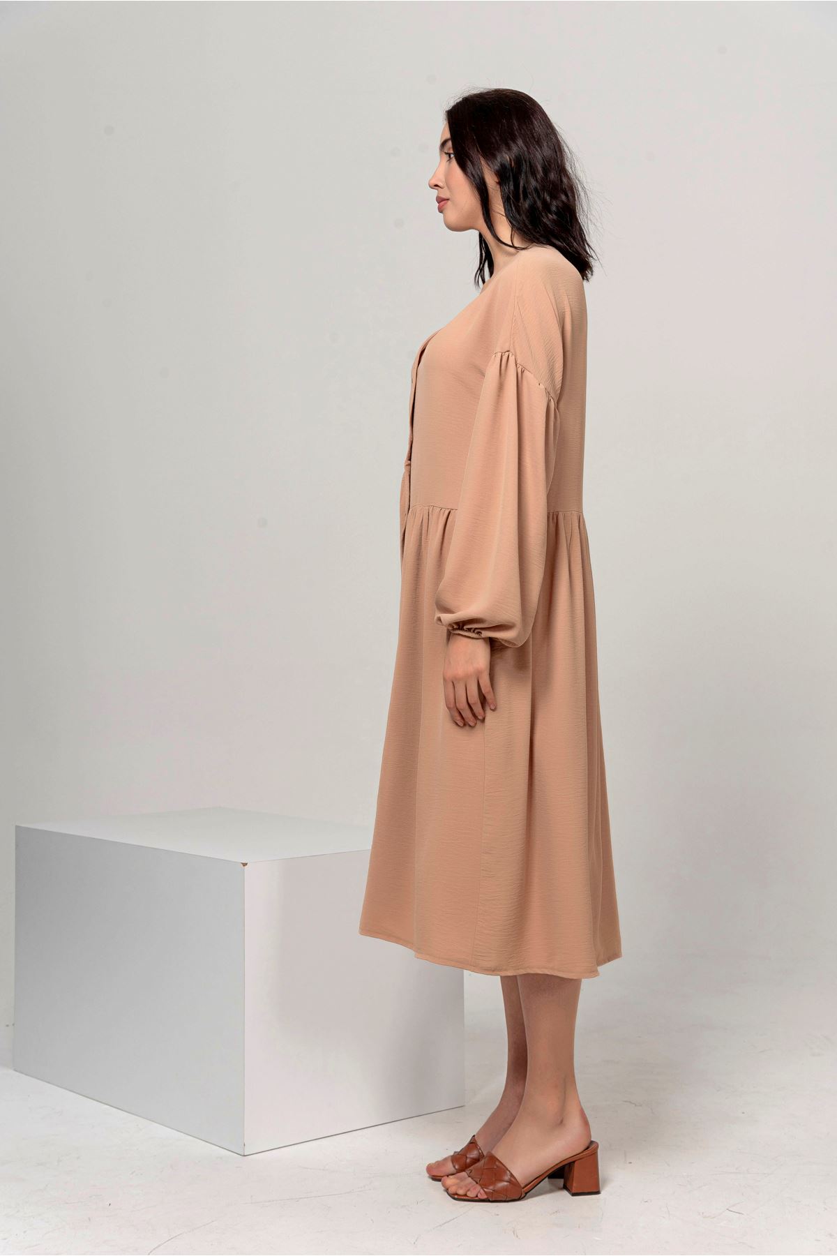 Aerobin Fabric Long Sleeve V-Neck Midi Oversize Asymmetric Women Dress - Chanterelle 