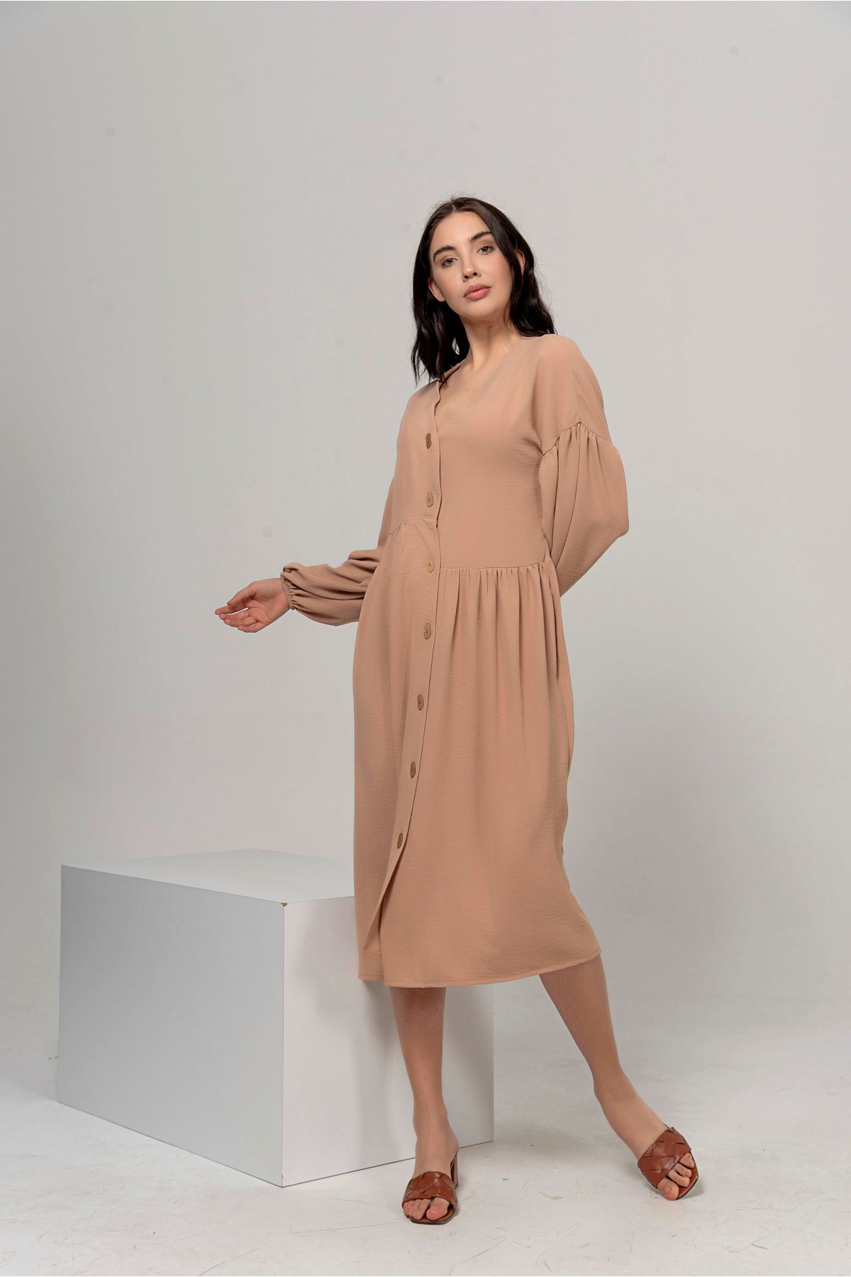 Aerobin Fabric Long Sleeve V-Neck Midi Oversize Asymmetric Women Dress - Chanterelle 