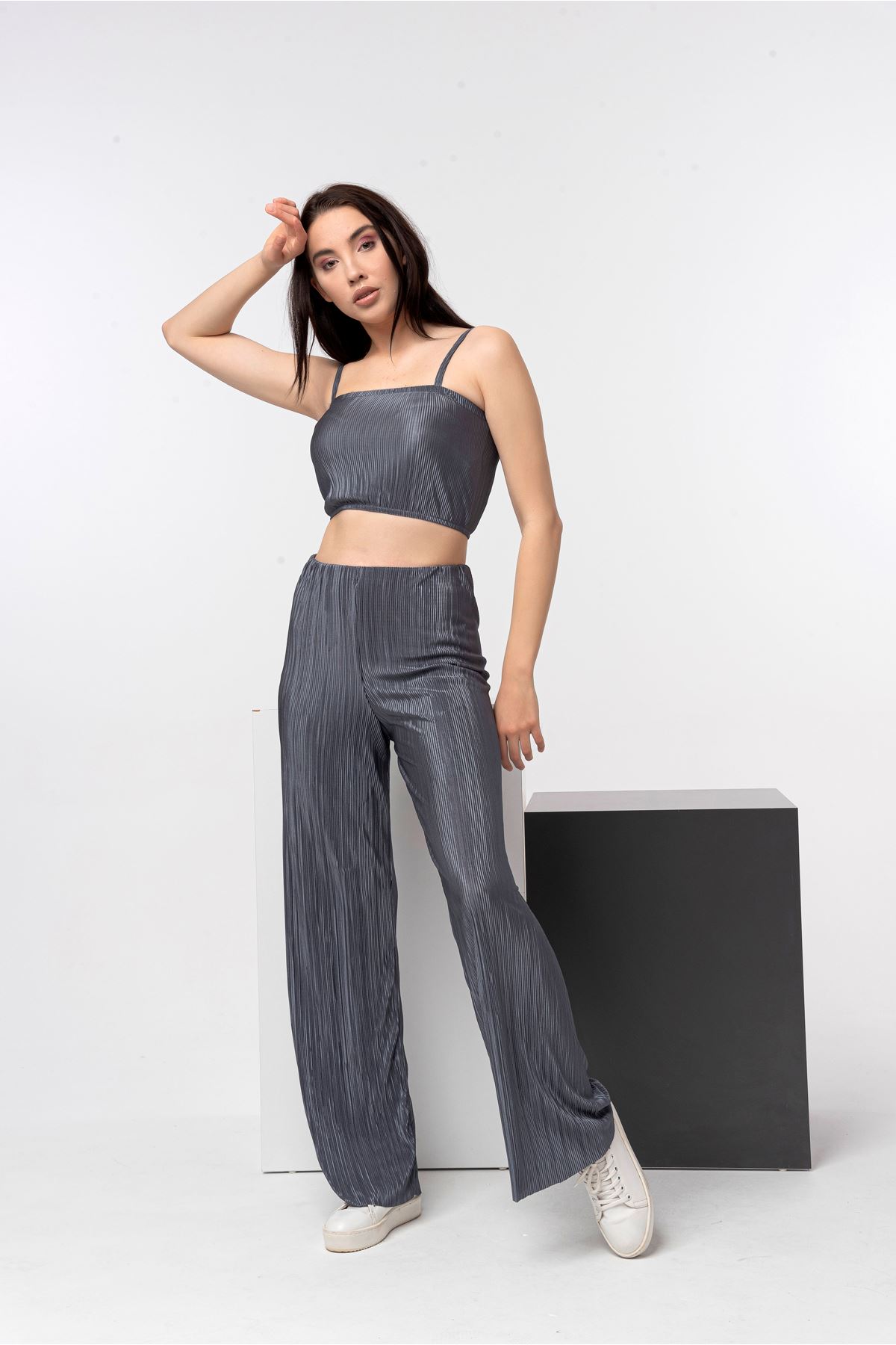 Crepe Fabric Sleeveless Spaghetti Neck Tight Fit Pleated Women Crop - Anthracite 