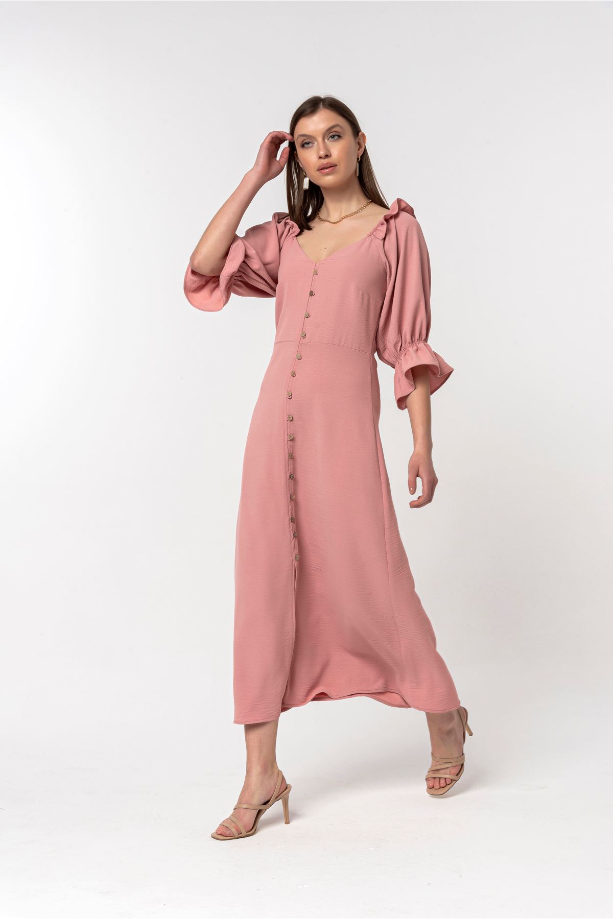 Aerobin Fabric Short Sleeve V-Neck Midi Full Fit Women Dress - Light Pink