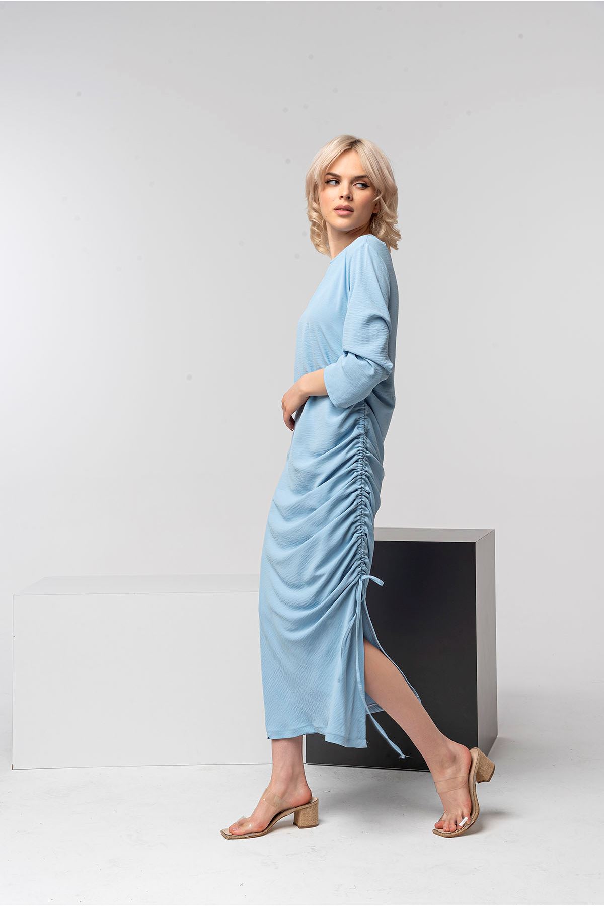 Aerobin Kumaş Uzun Kollu Büzgü Detay Kadın Elbise-Mavi