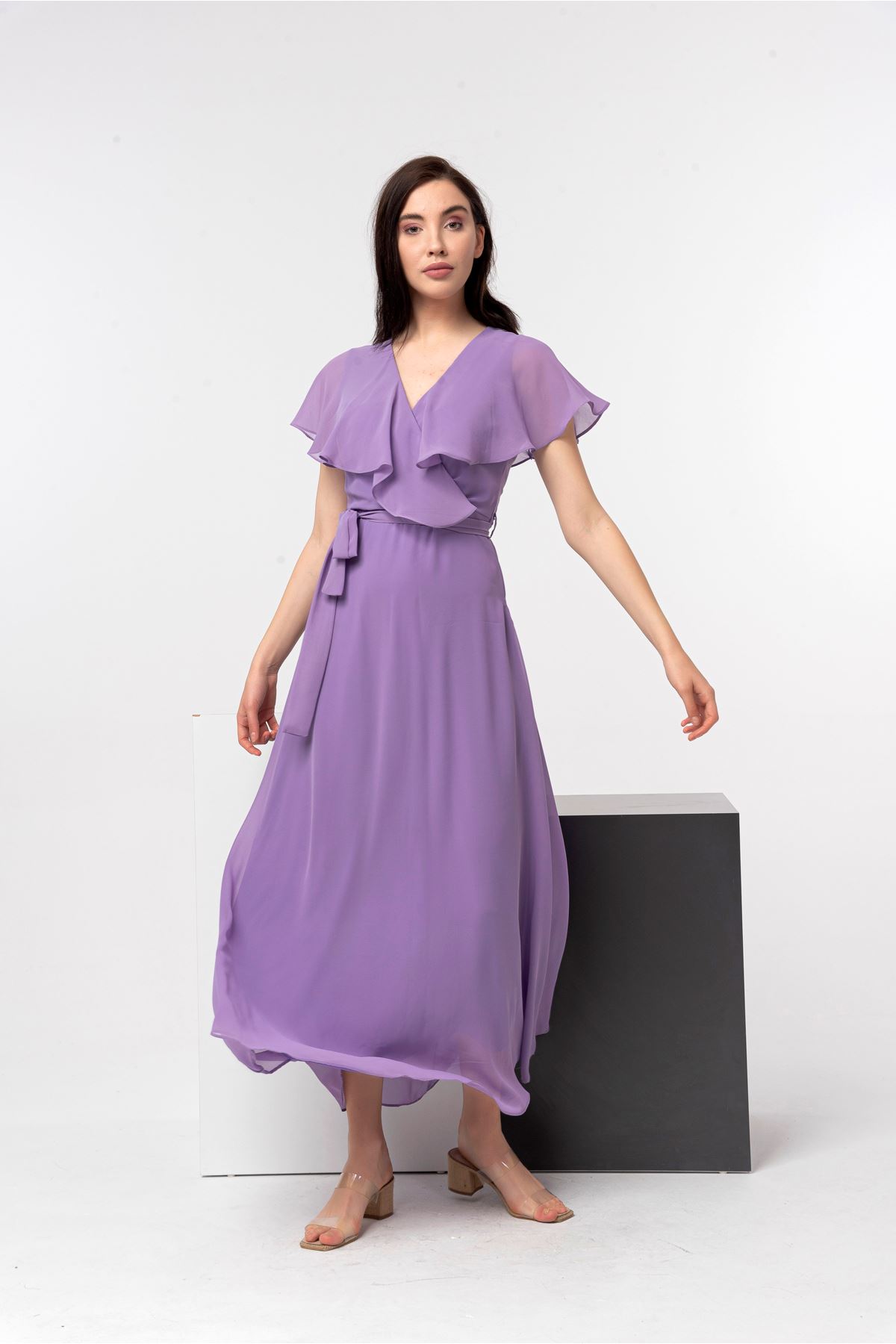 Chiffon Fabric Short Sleeve V-Neck Midi Full Fit Women Dress - Lilac