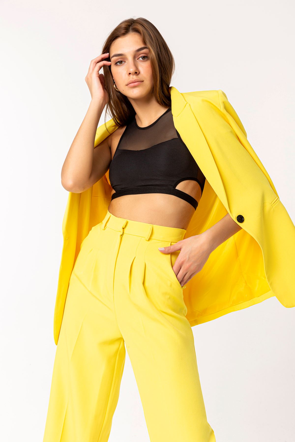 атласный ткань длинный рукав джоггеры женский пиджак - Желтый