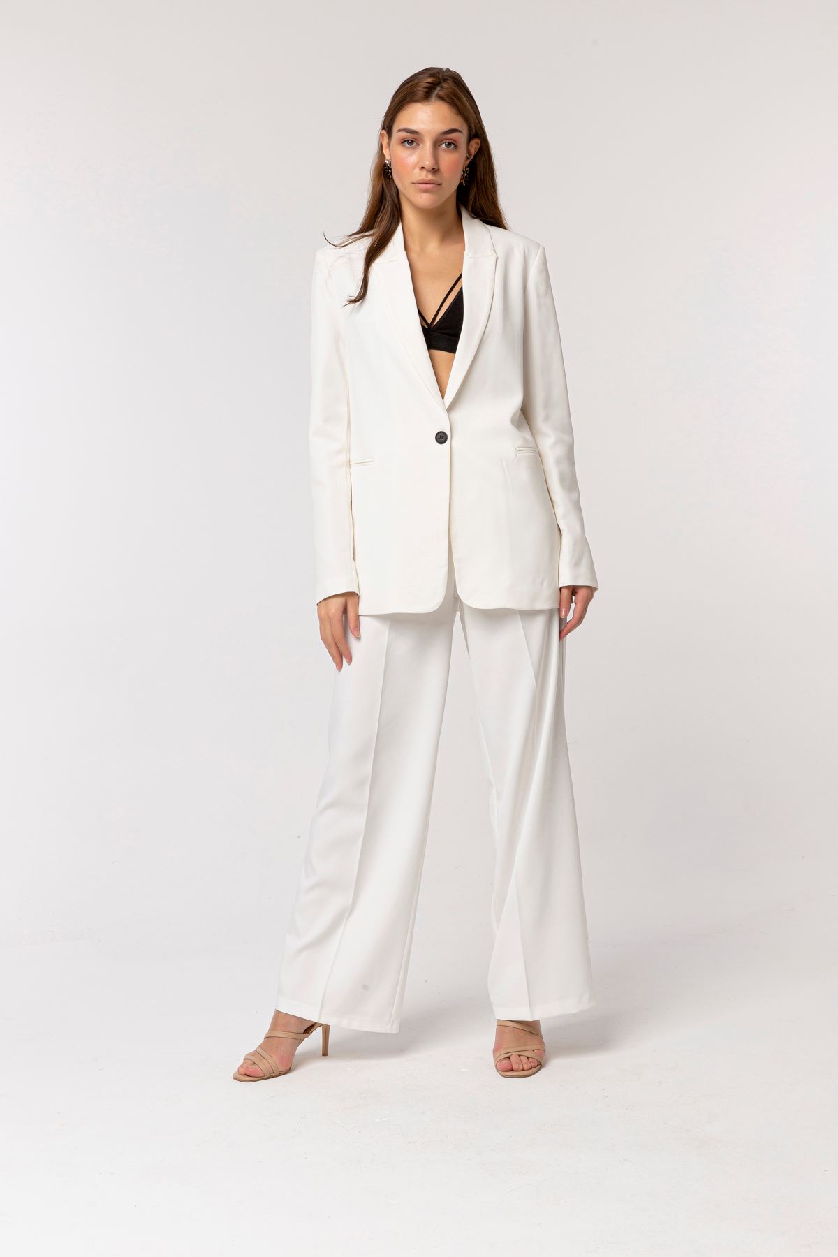 Atlas Fabric Revere Collar Below Hip Classical Single Button Women Jacket - Ecru