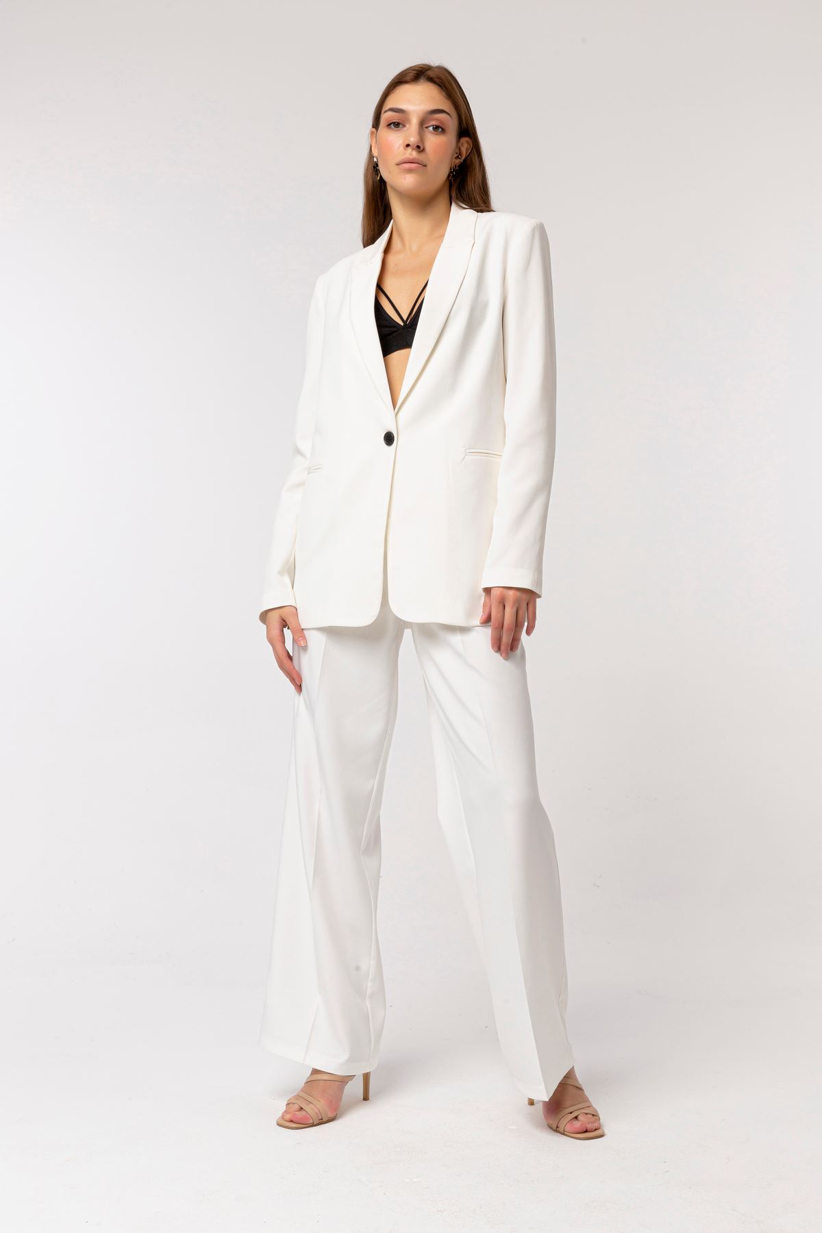 Atlas Fabric Revere Collar Below Hip Classical Single Button Women Jacket - Ecru