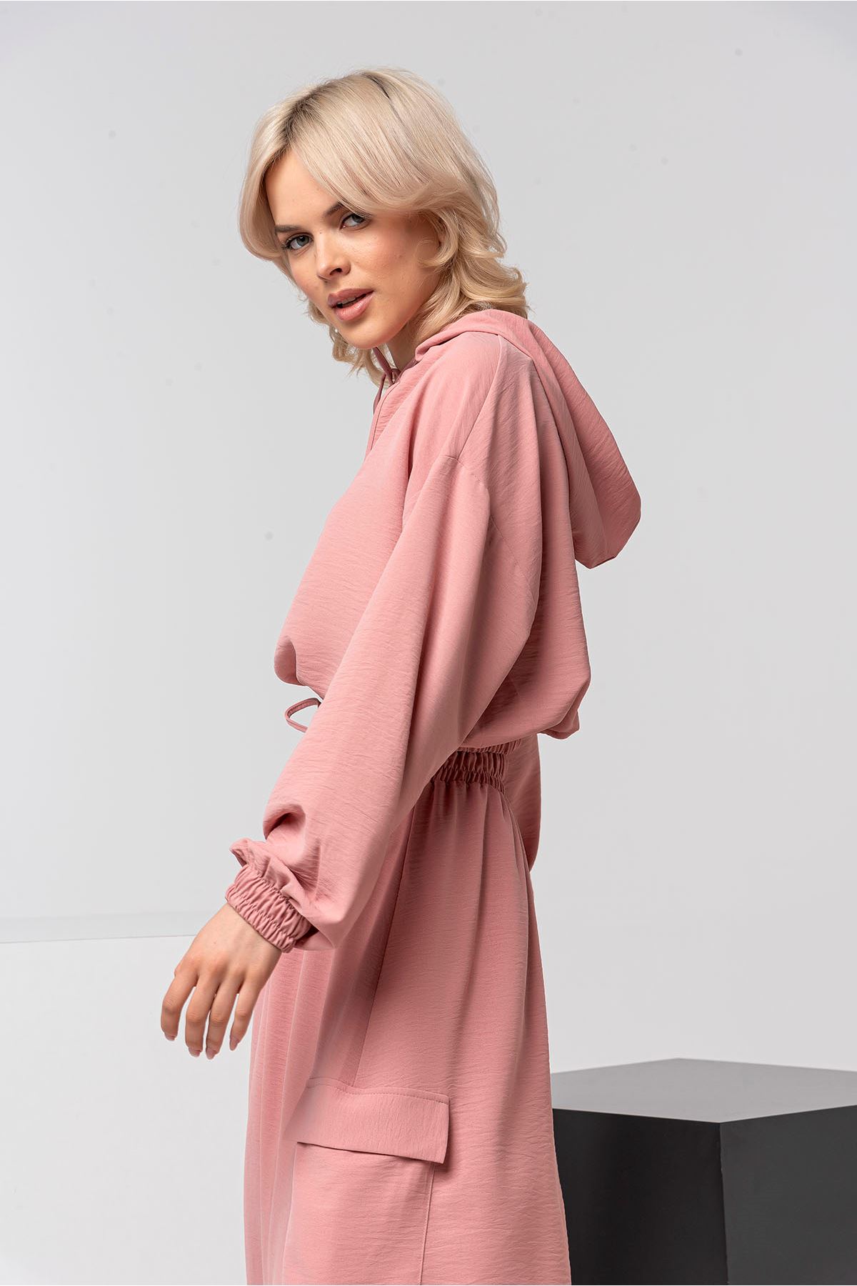 Аэробин Ткань длинный рукав с капюшоном женская блузка - Светло розовый