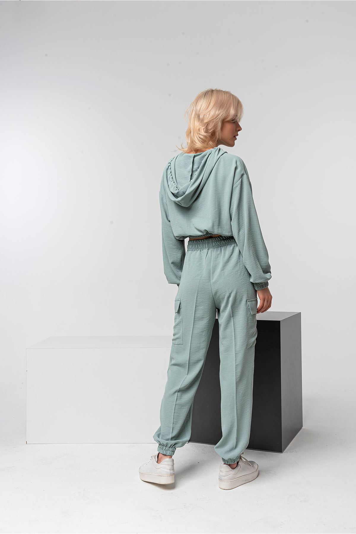 Aerobin Fabric Long Sleeve Hooded Oversize Blouse - Mint