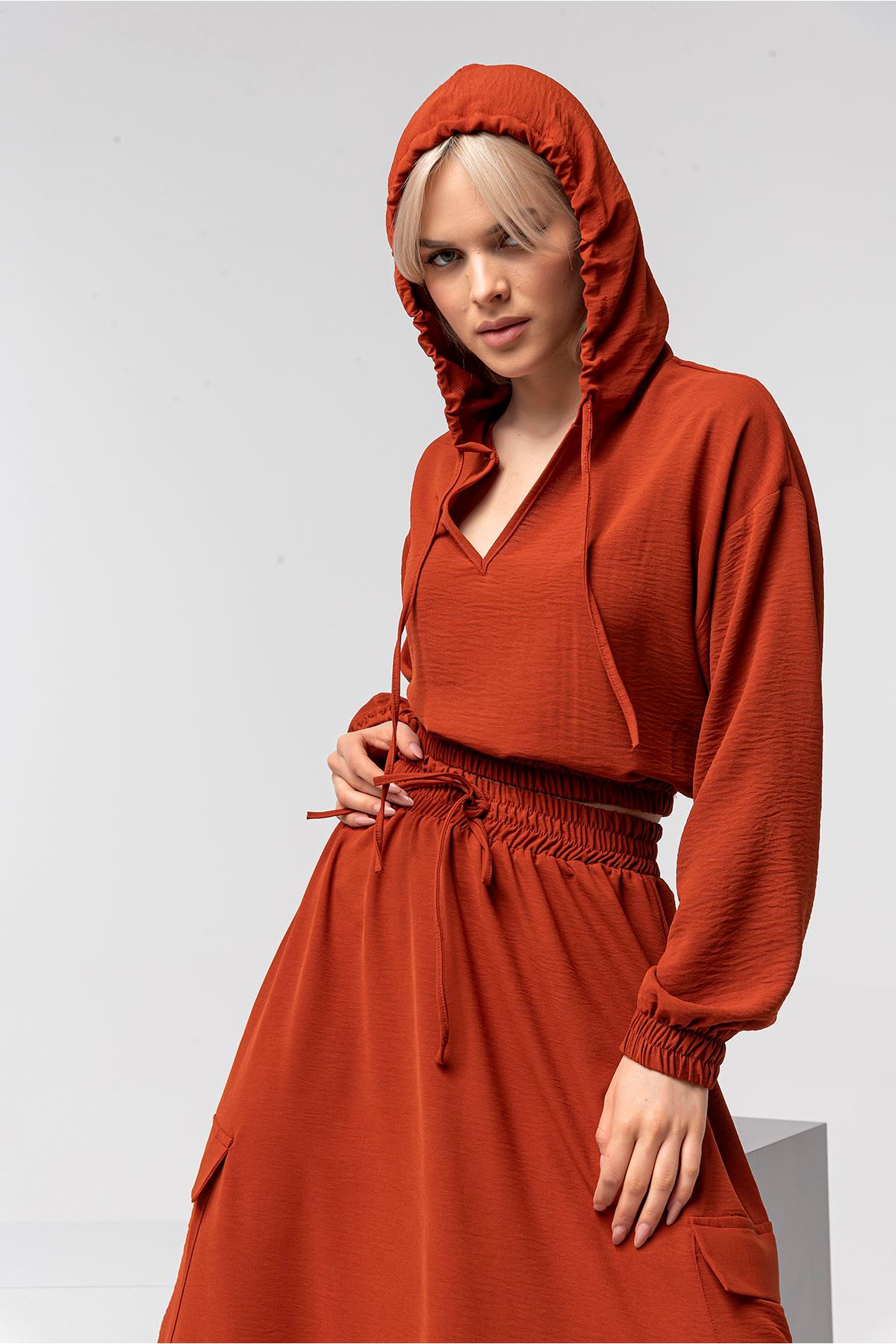 Aerobin Fabric Long Sleeve Hooded Oversize Women Blouse - Brick 