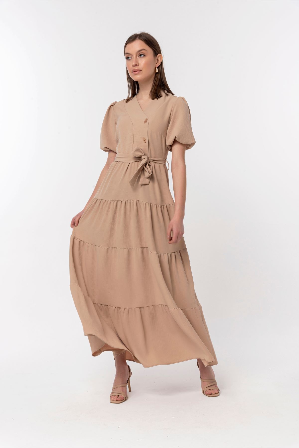 Aerobin Fabric Short Sleeve V-Neck Long Loose Fit Women Dress - Beige 