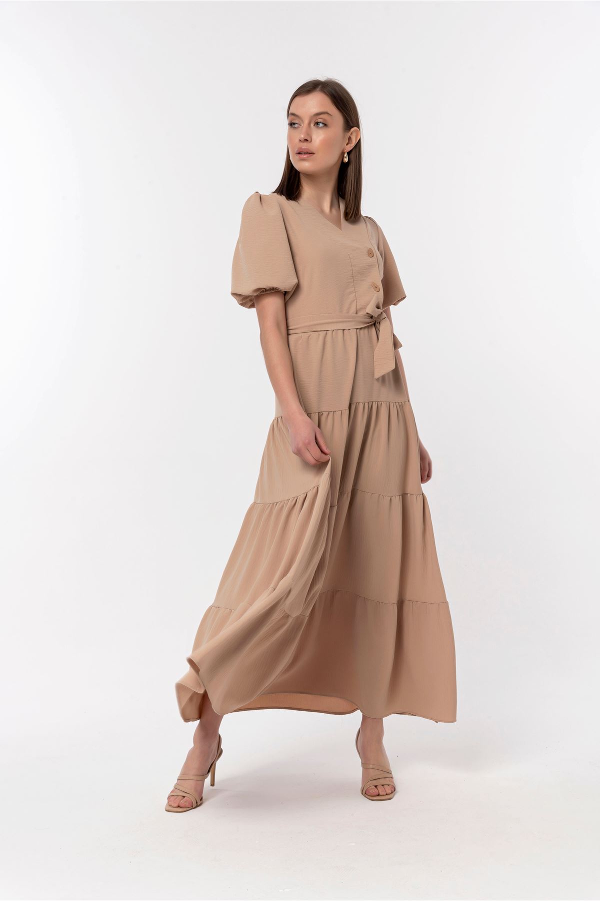 Aerobin Fabric Short Sleeve V-Neck Long Loose Fit Women Dress - Beige 