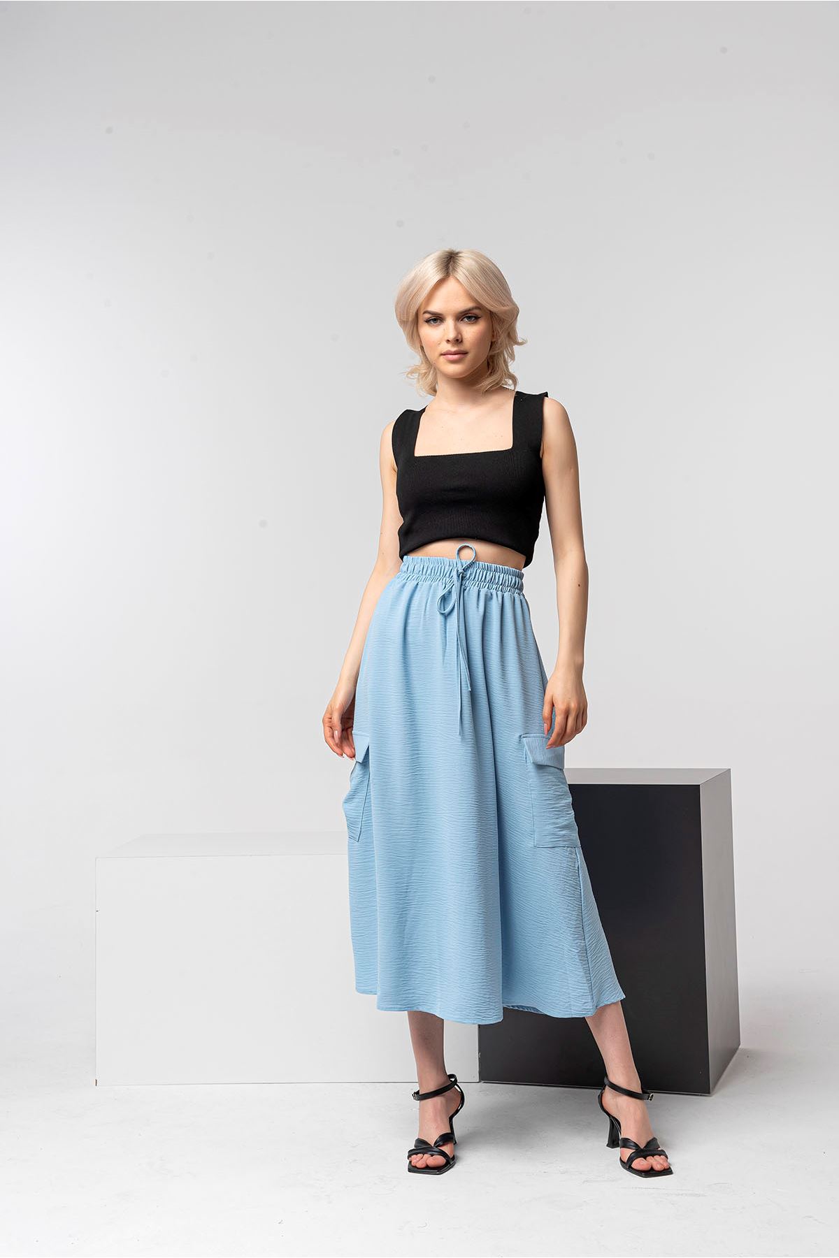 Aerobin Fabric Wide Fit Midi Skirt - Light Blue