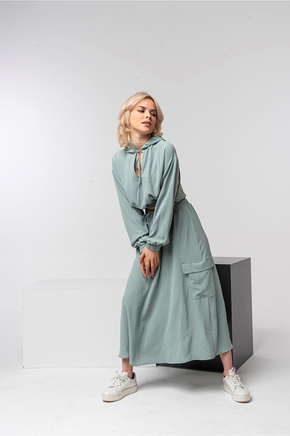 Aerobin Fabric Wide Fit Midi Skirt - Mint