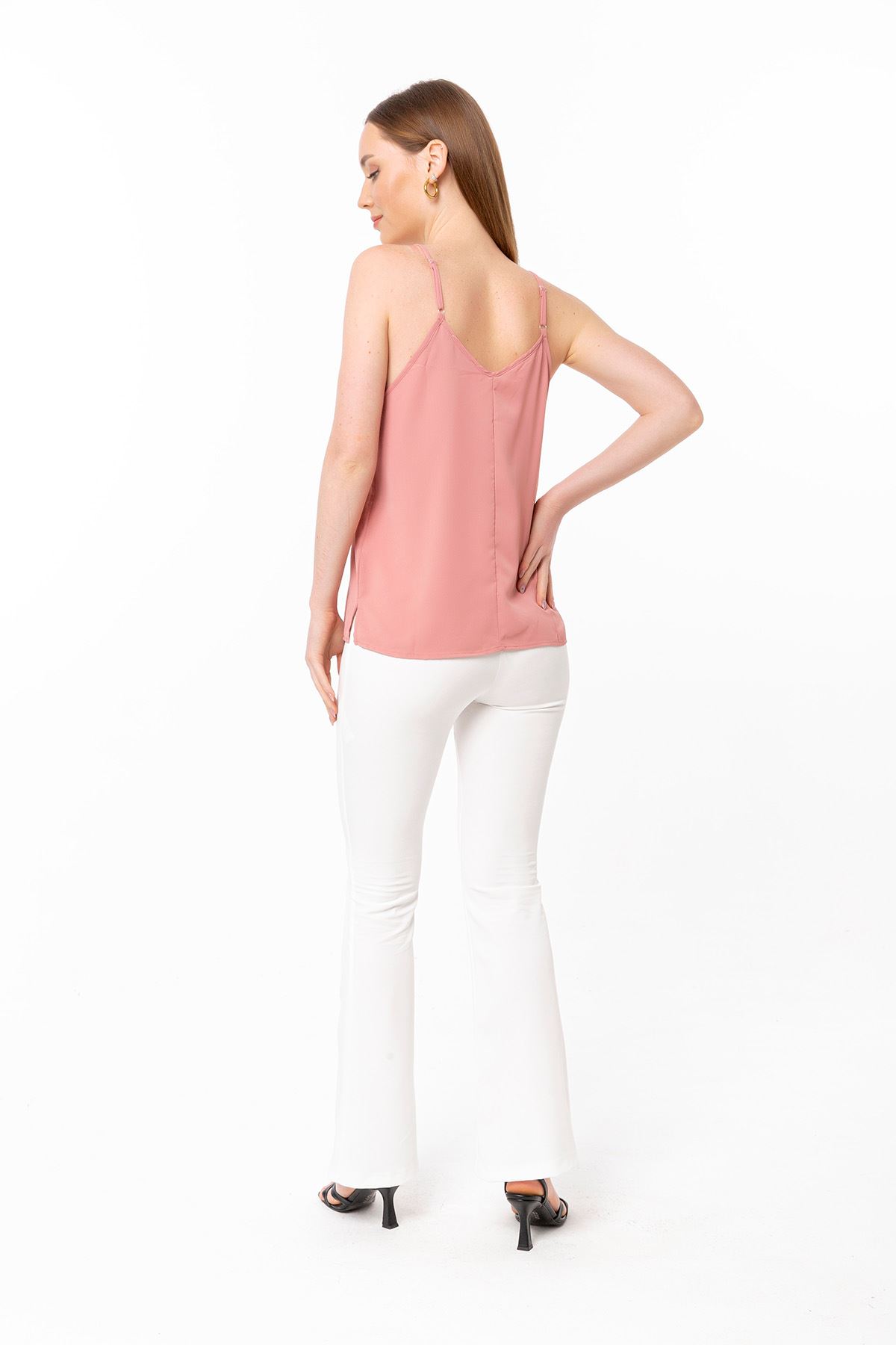 Jesica Fabric On The Straps V-Neck Blouse - Light Pink