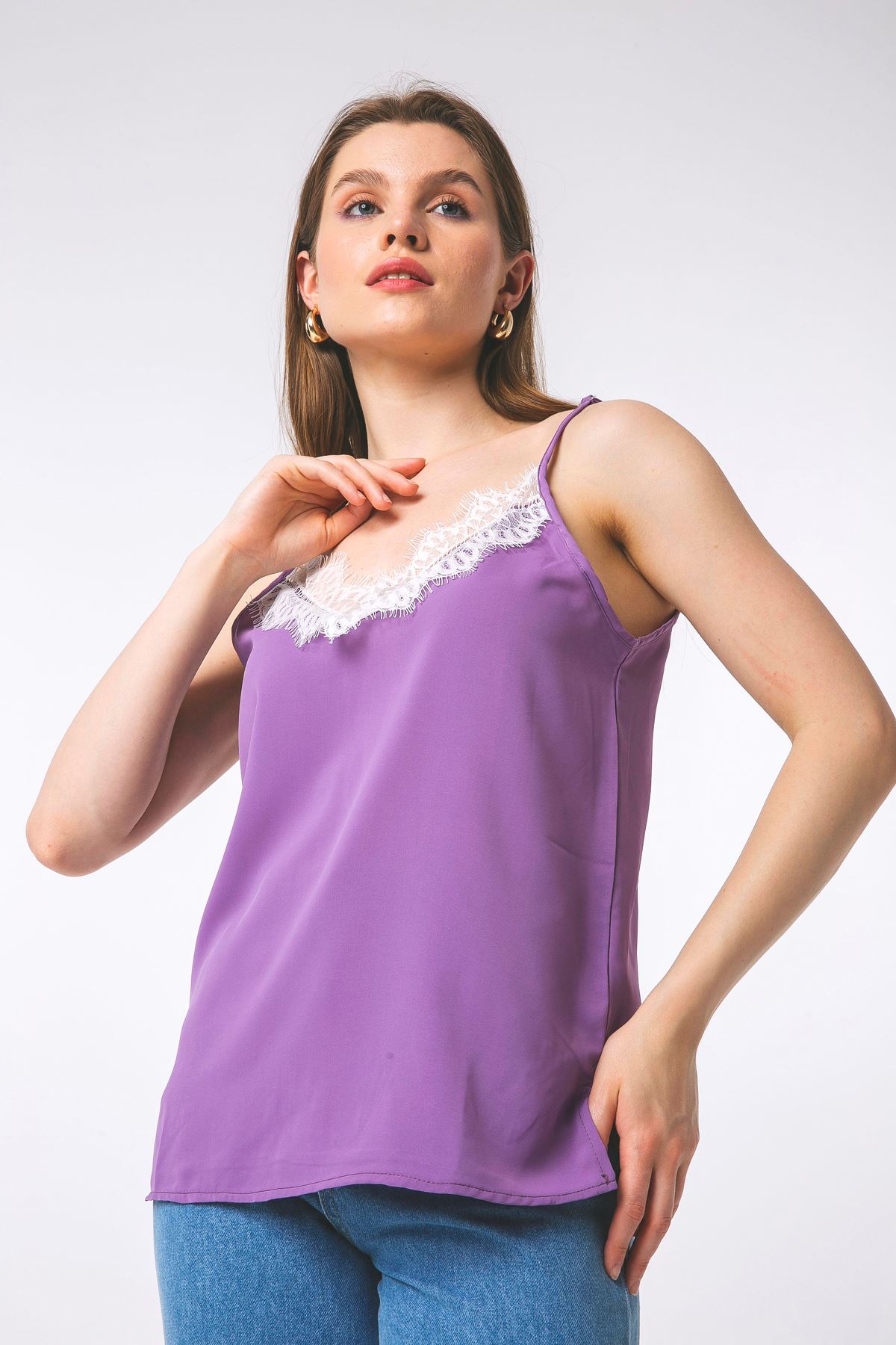 Jesica Fabric On The Straps V-Neck Blouse- Lilac