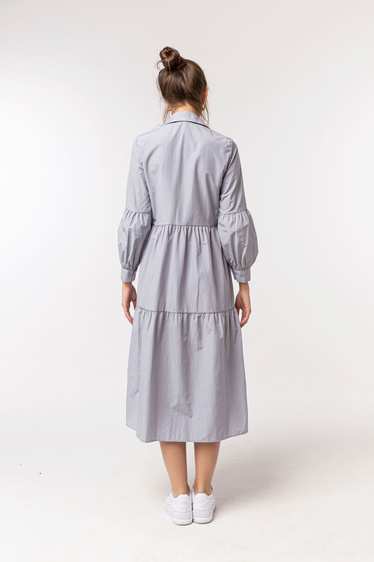 Soft Fabric Long Sleeve Shirt Collar Midi Oversize Women Dress - Grey