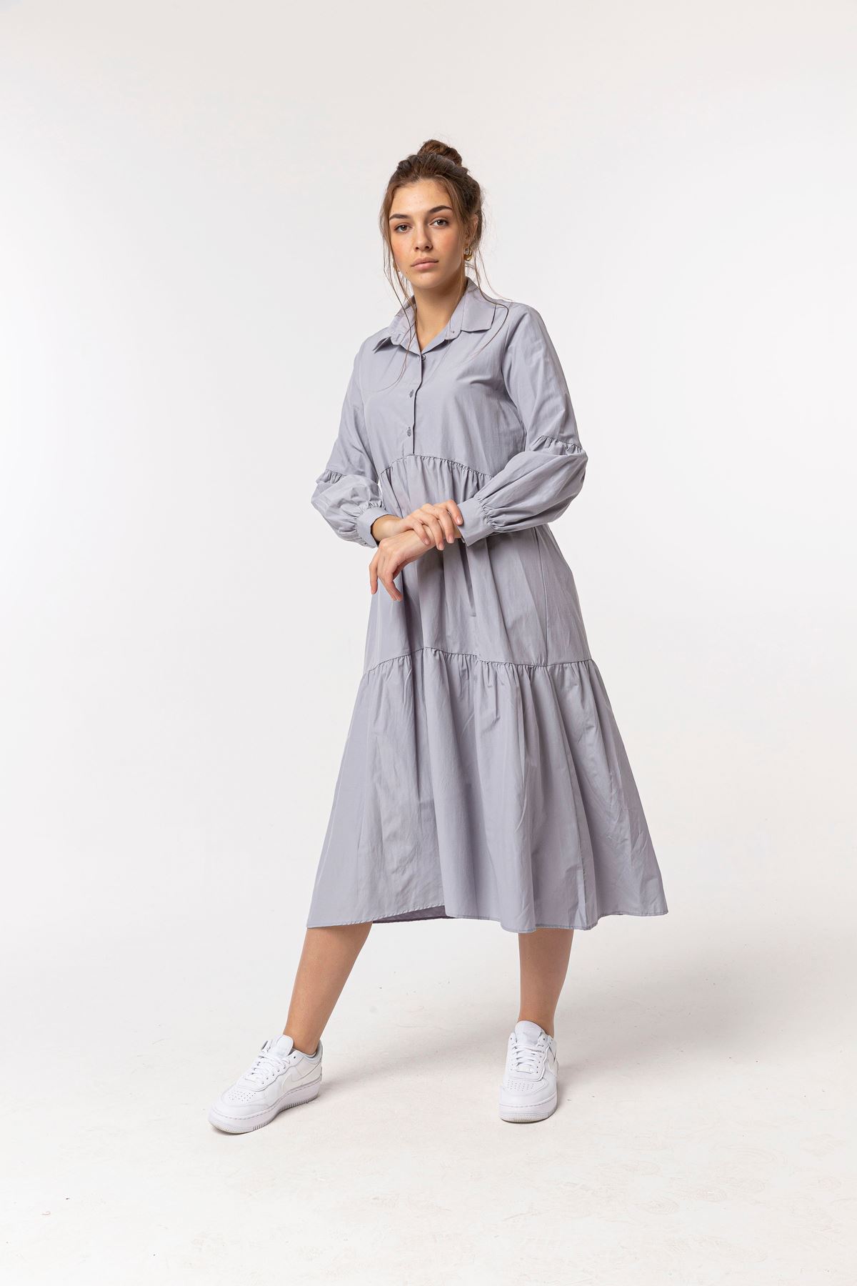 Soft Fabric Long Sleeve Shirt Collar Midi Oversize Women Dress - Grey