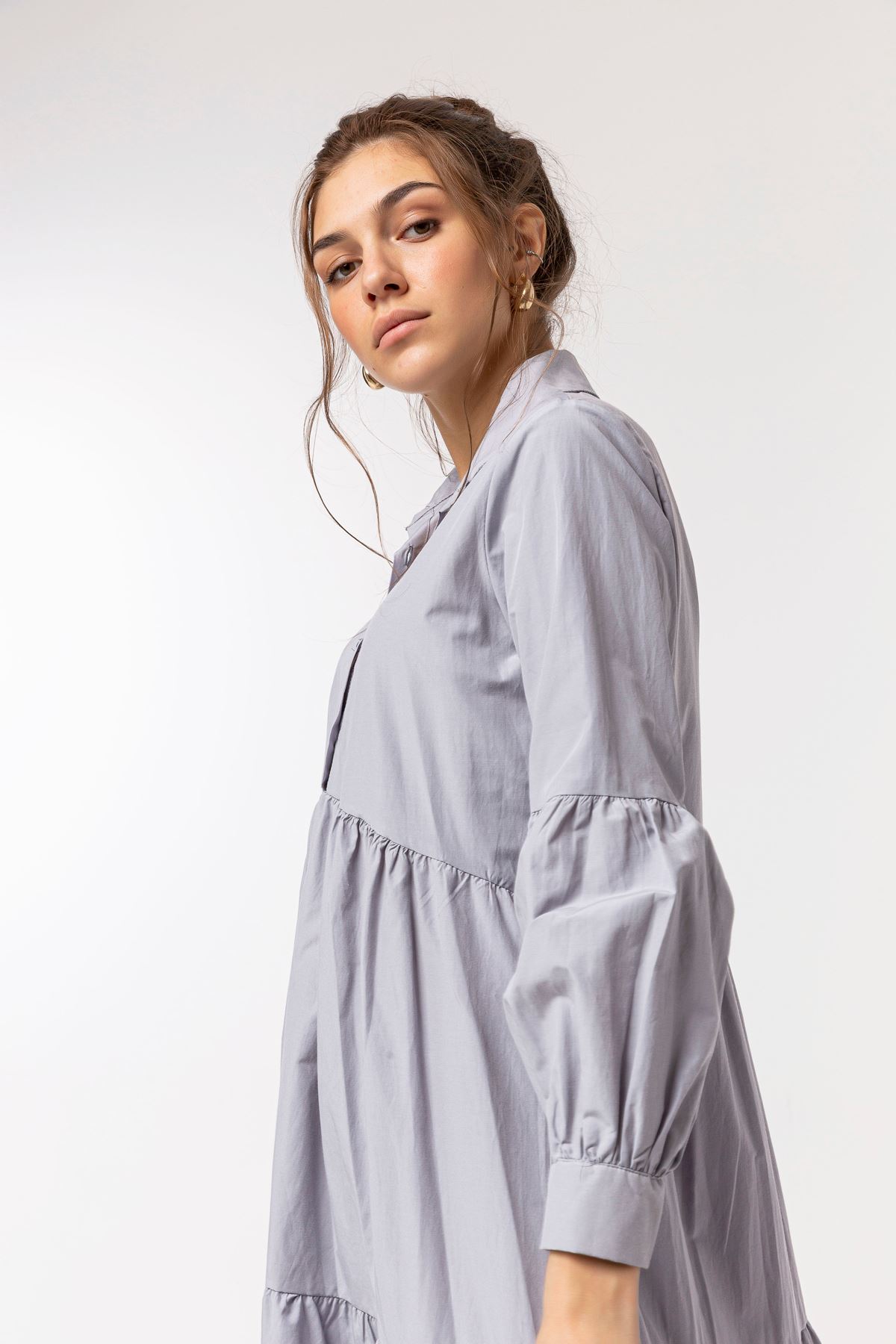 Soft Fabric Long Sleeve Shirt Collar Midi Oversize Women Dress - Grey