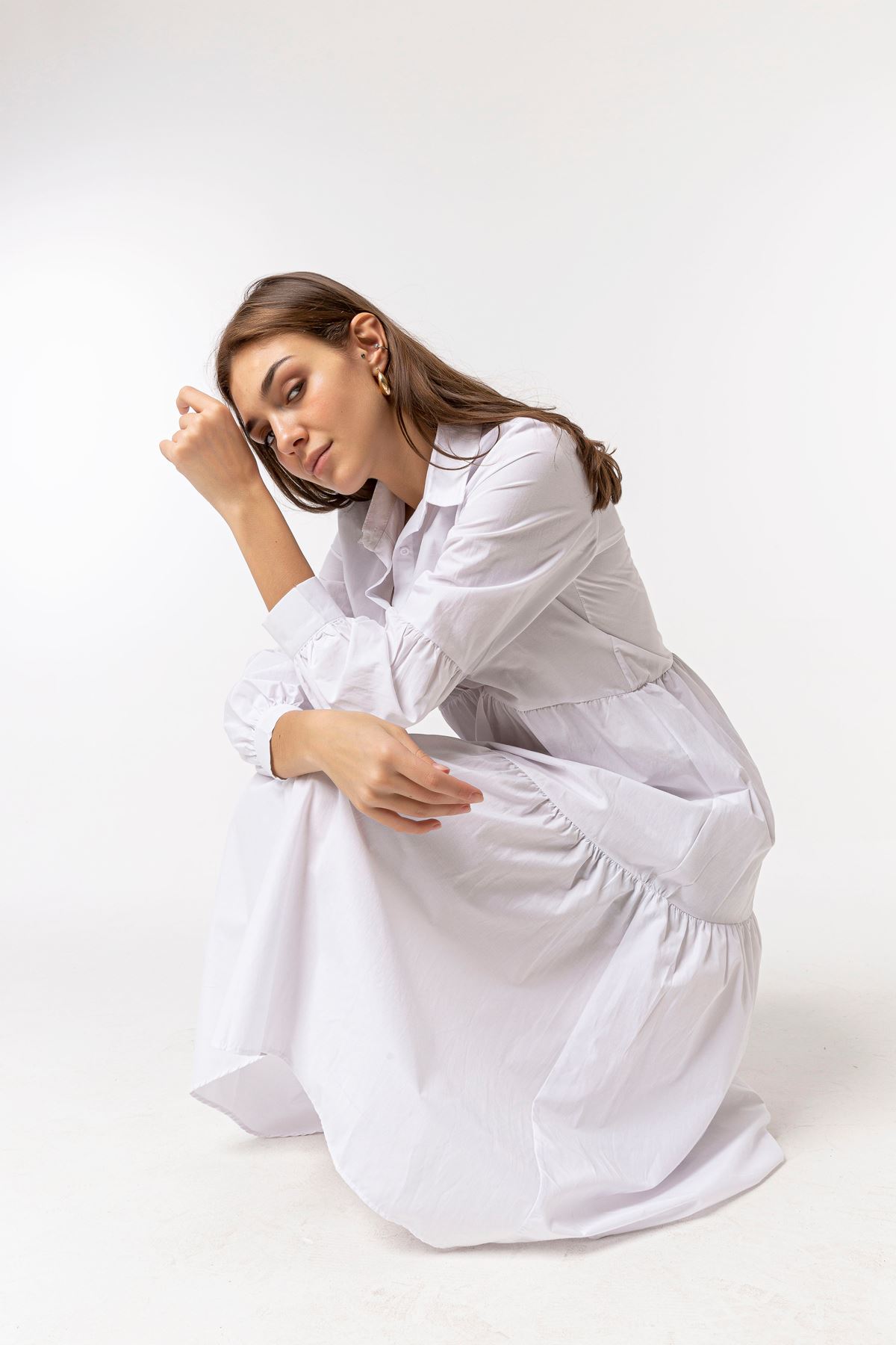 Soft Fabric Long Sleeve Shirt Collar Midi Oversize Women Dress - Ecru