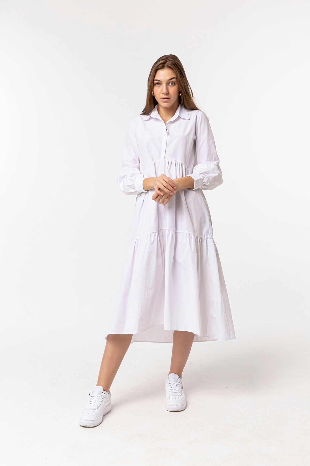 Soft Fabric Long Sleeve Shirt Collar Midi Oversize Women Dress - Ecru