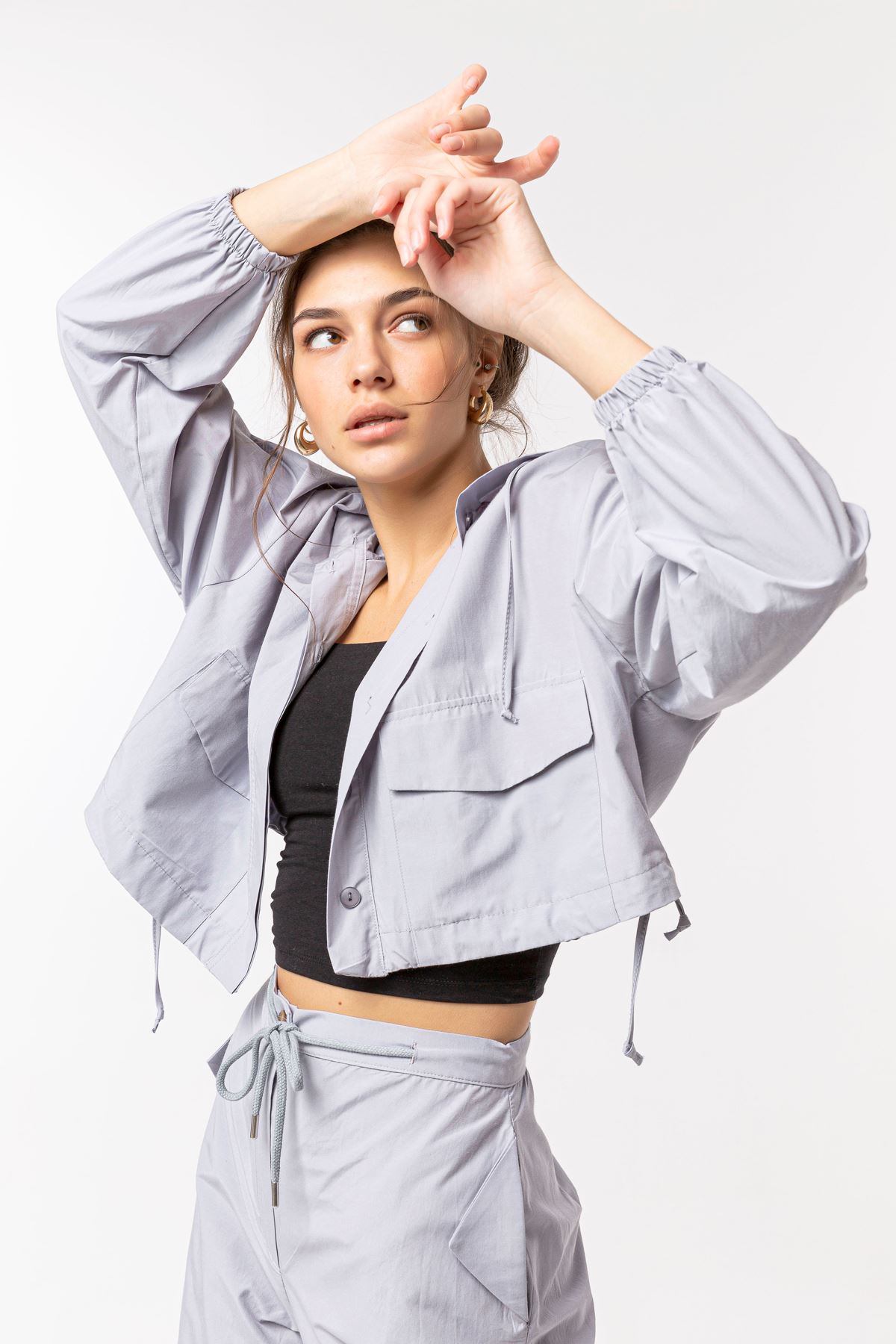 Soft Fabric Long Sleeve Hooded Crop Oversize Women Jacket - Grey