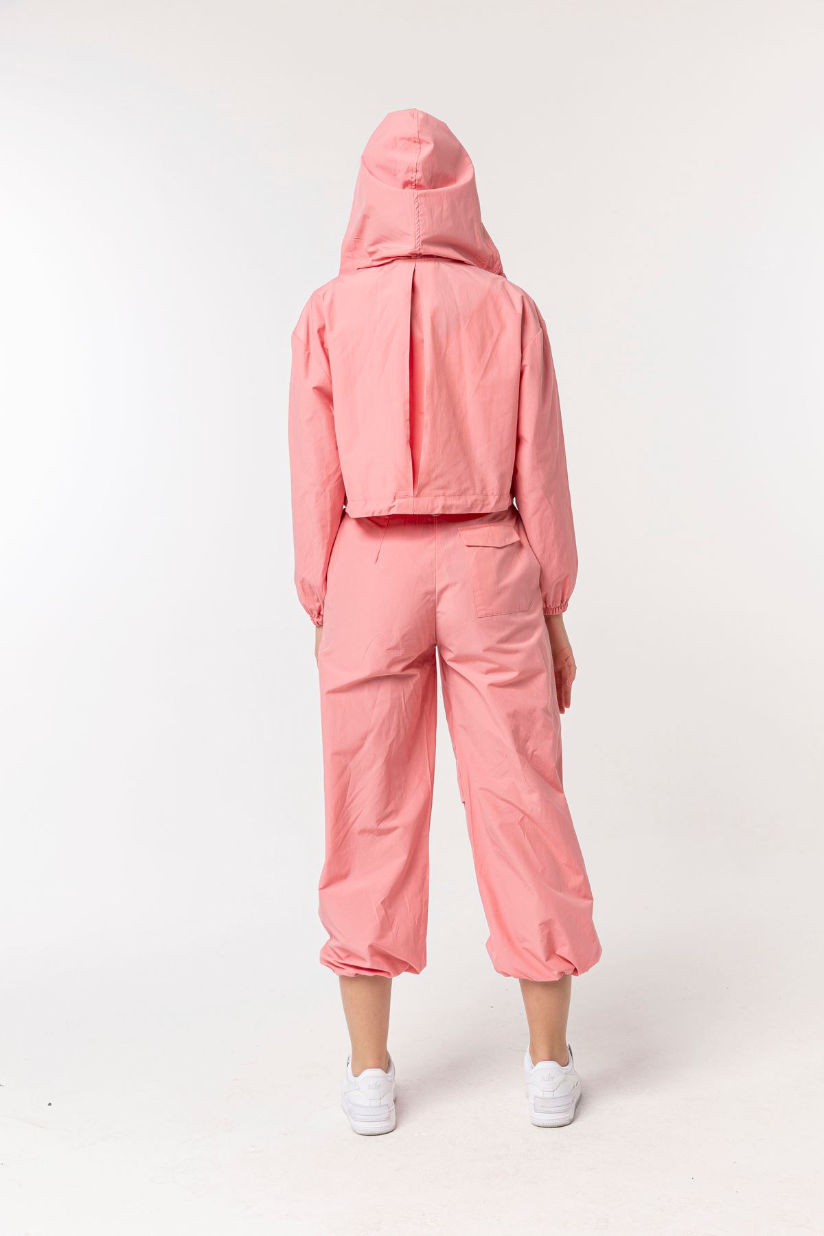 Soft Fabric Long Sleeve Hooded Crop Oversize Women Jacket - Salmon Pink