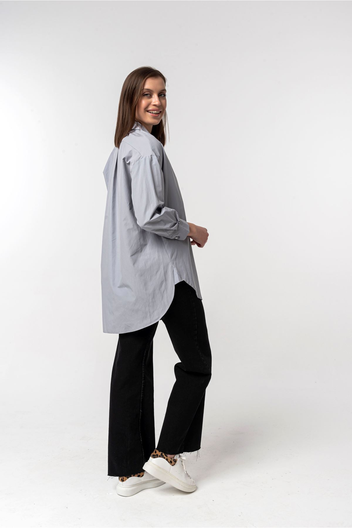 Тканые ткани отложной воротник оверсайз /женская рубашка - Серый