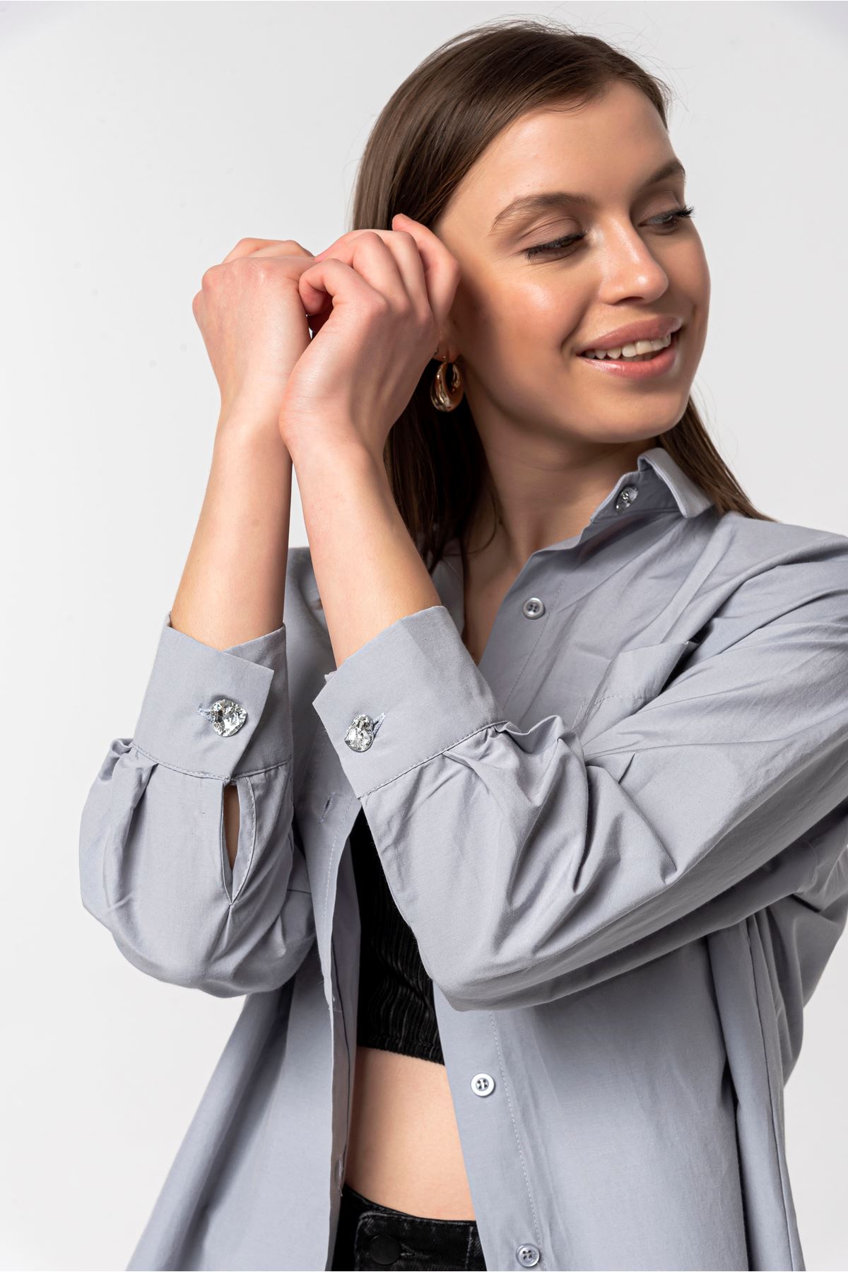 Тканые ткани отложной воротник оверсайз /женская рубашка - Серый