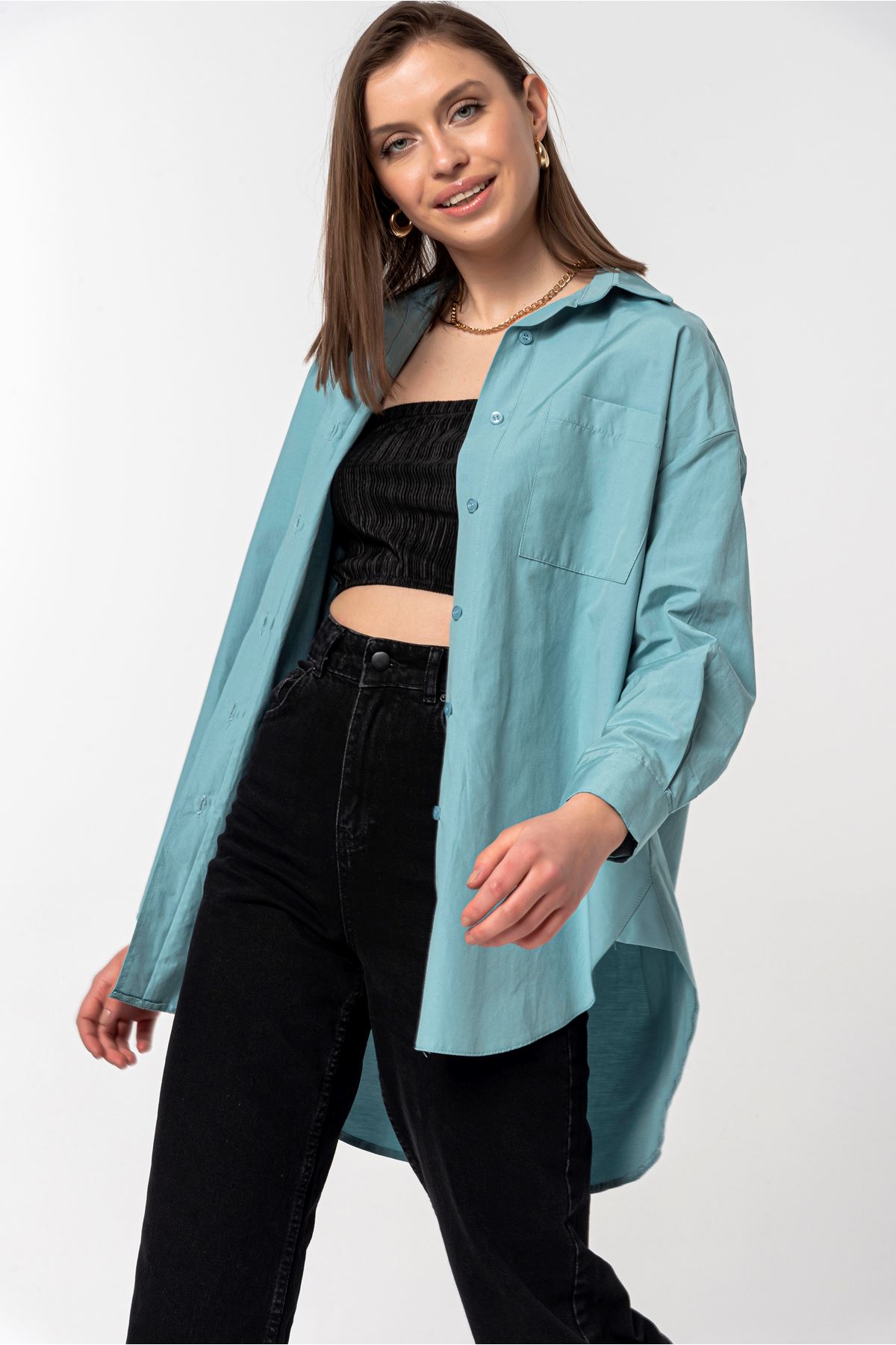 Woven Fabric Long Sleeve Oversize Button Women'S Shirt - Mint