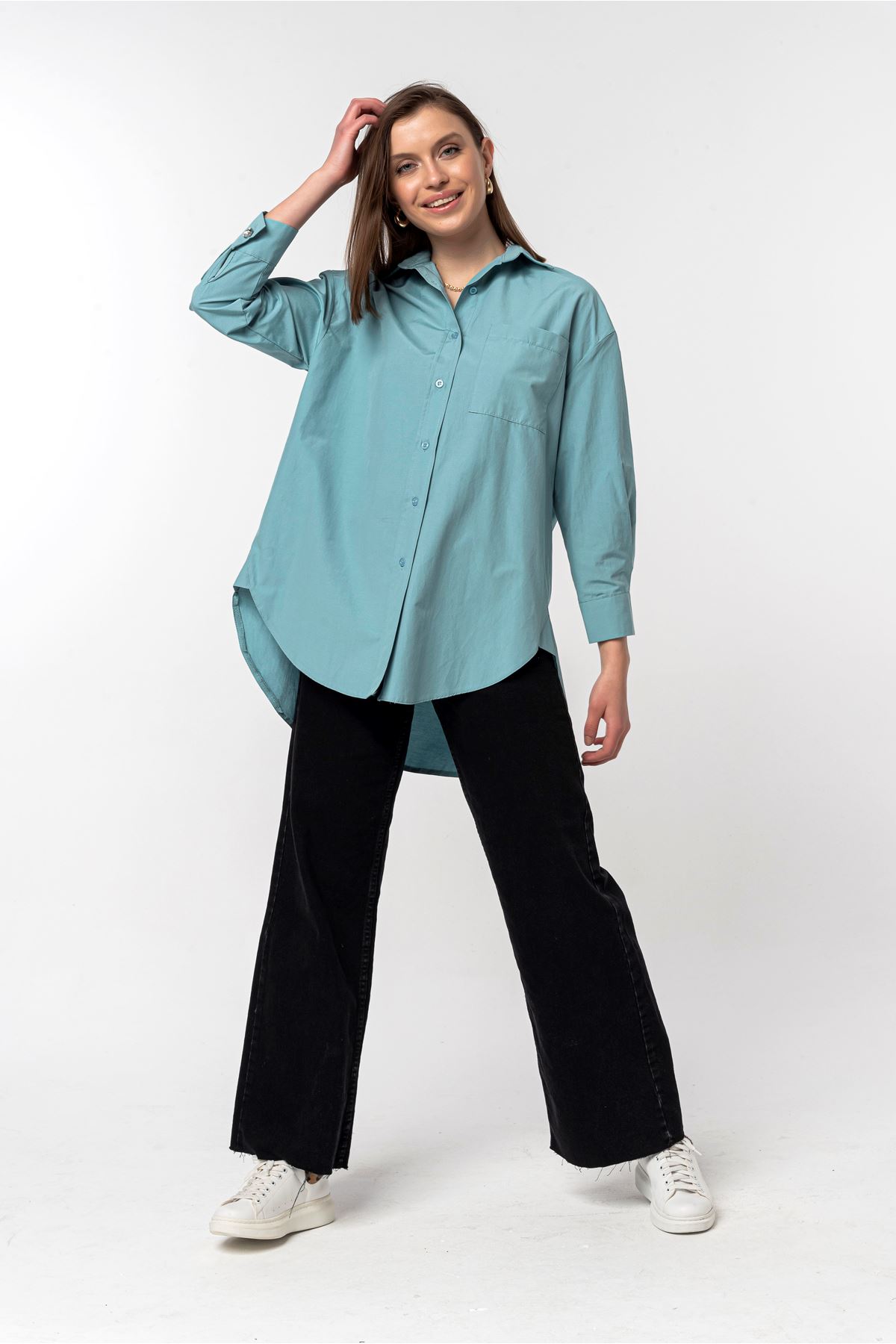 Soft Dokuma Kumaş Oversize/Salaş Düğme Detaylı Kadın Gömlek-Mint