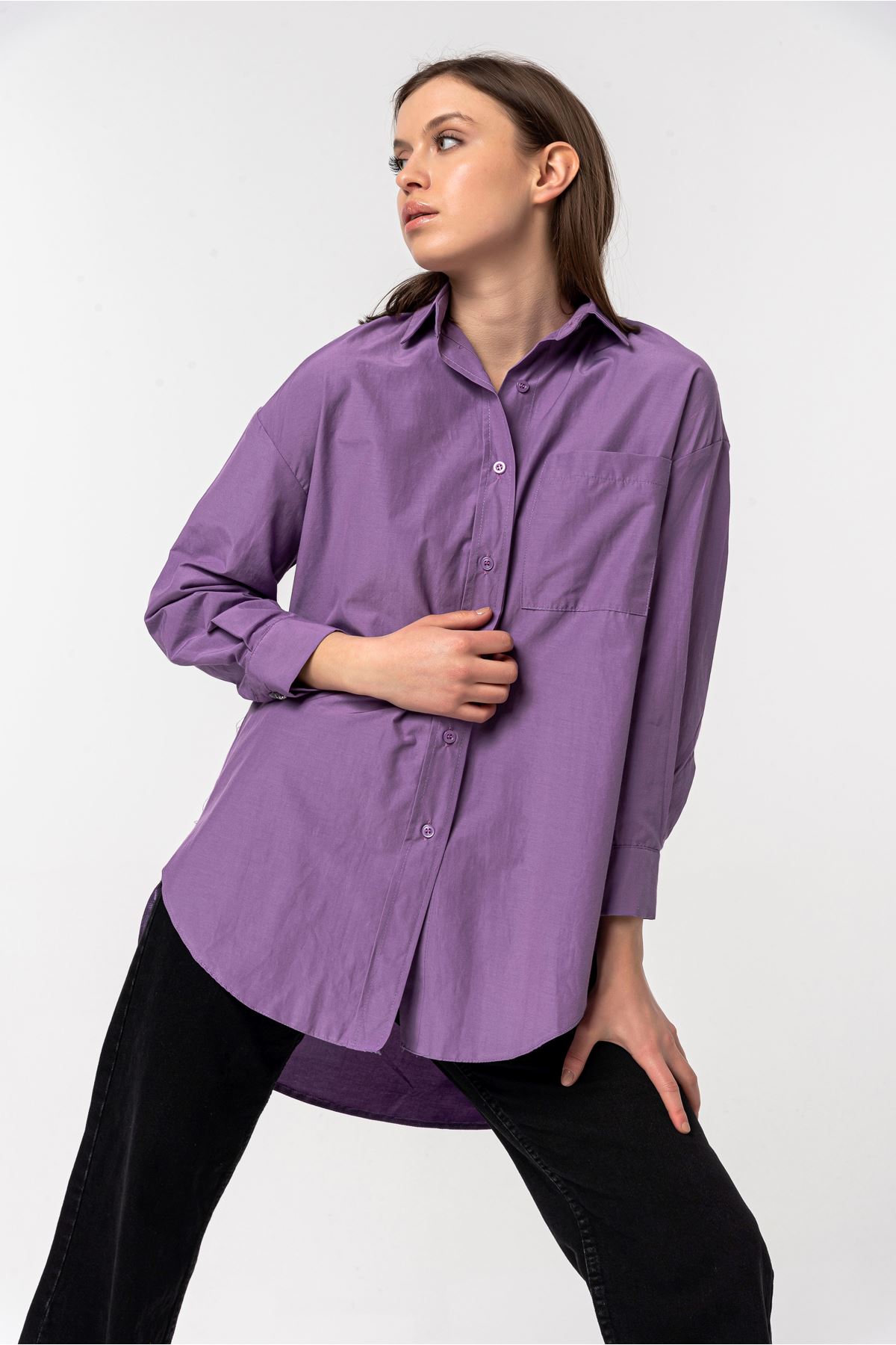 Woven Fabric Long Sleeve Oversize Button Women'S Shirt - Lilac