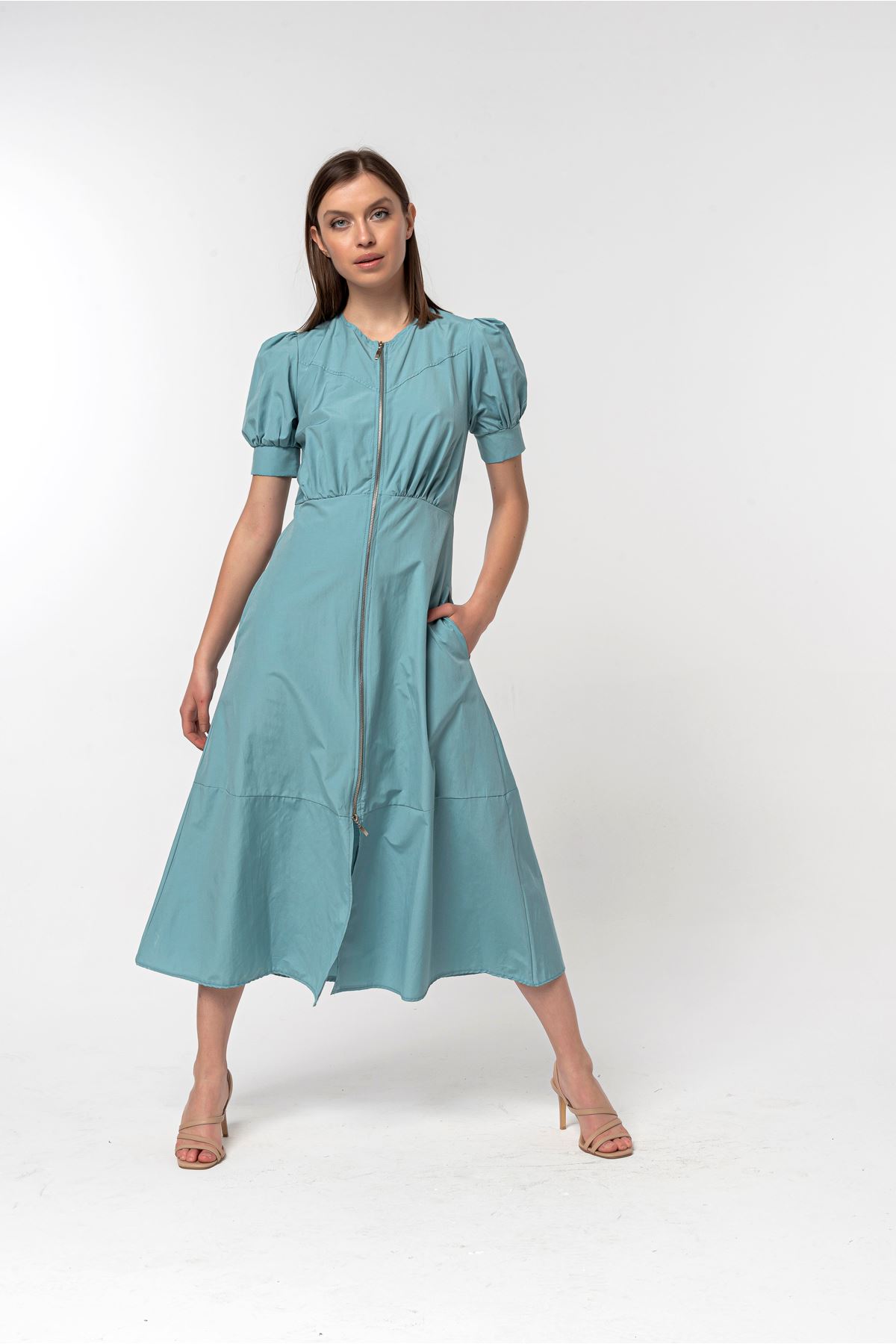 Soft Fabric Short Sleeve Zip Neck Midi Women Dress - Mint