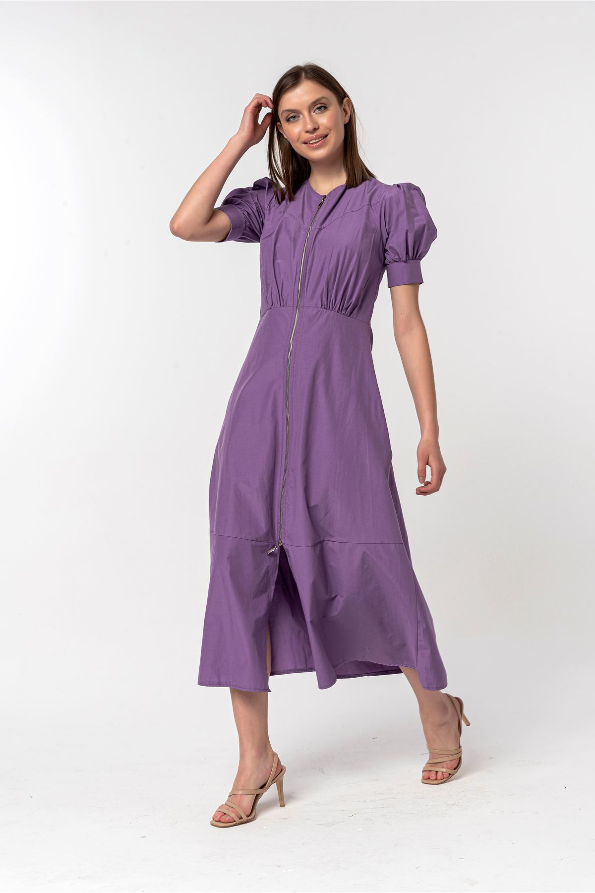 Soft Fabric Short Sleeve Zip Neck Midi Women Dress - Lilac