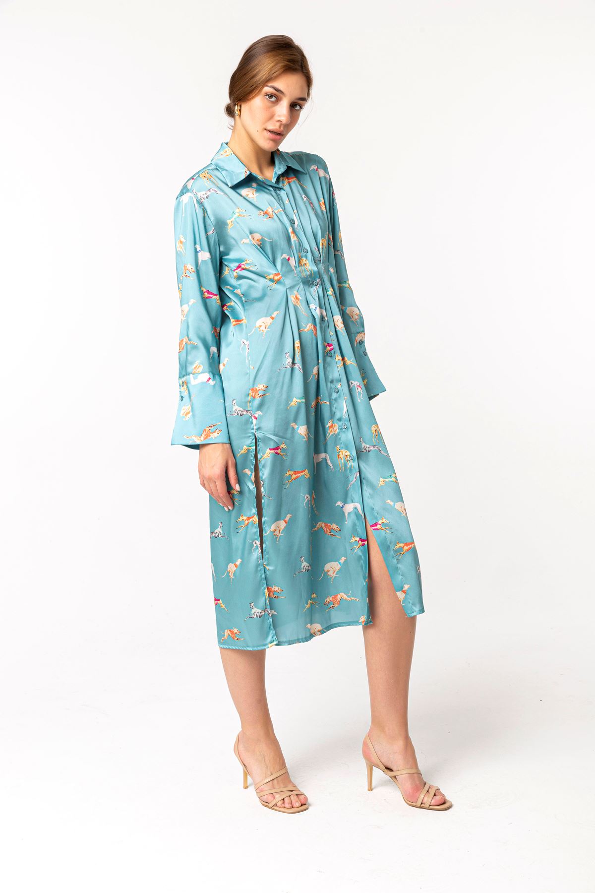 Satin Fabric Shirt Collar Midi Oversize Animal Print Women Dress - Mint