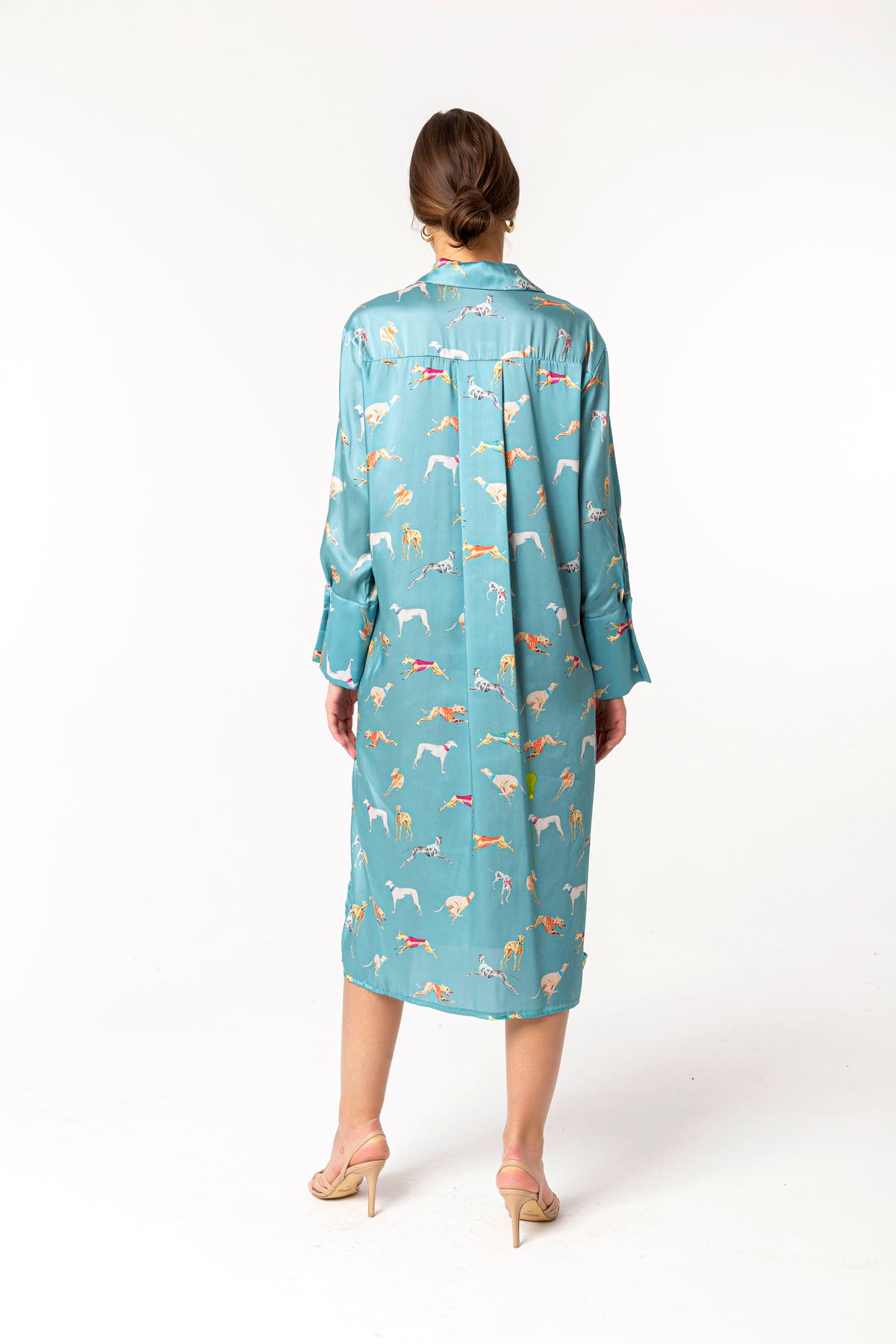 Satin Fabric Shirt Collar Midi Oversize Animal Print Women Dress - Mint