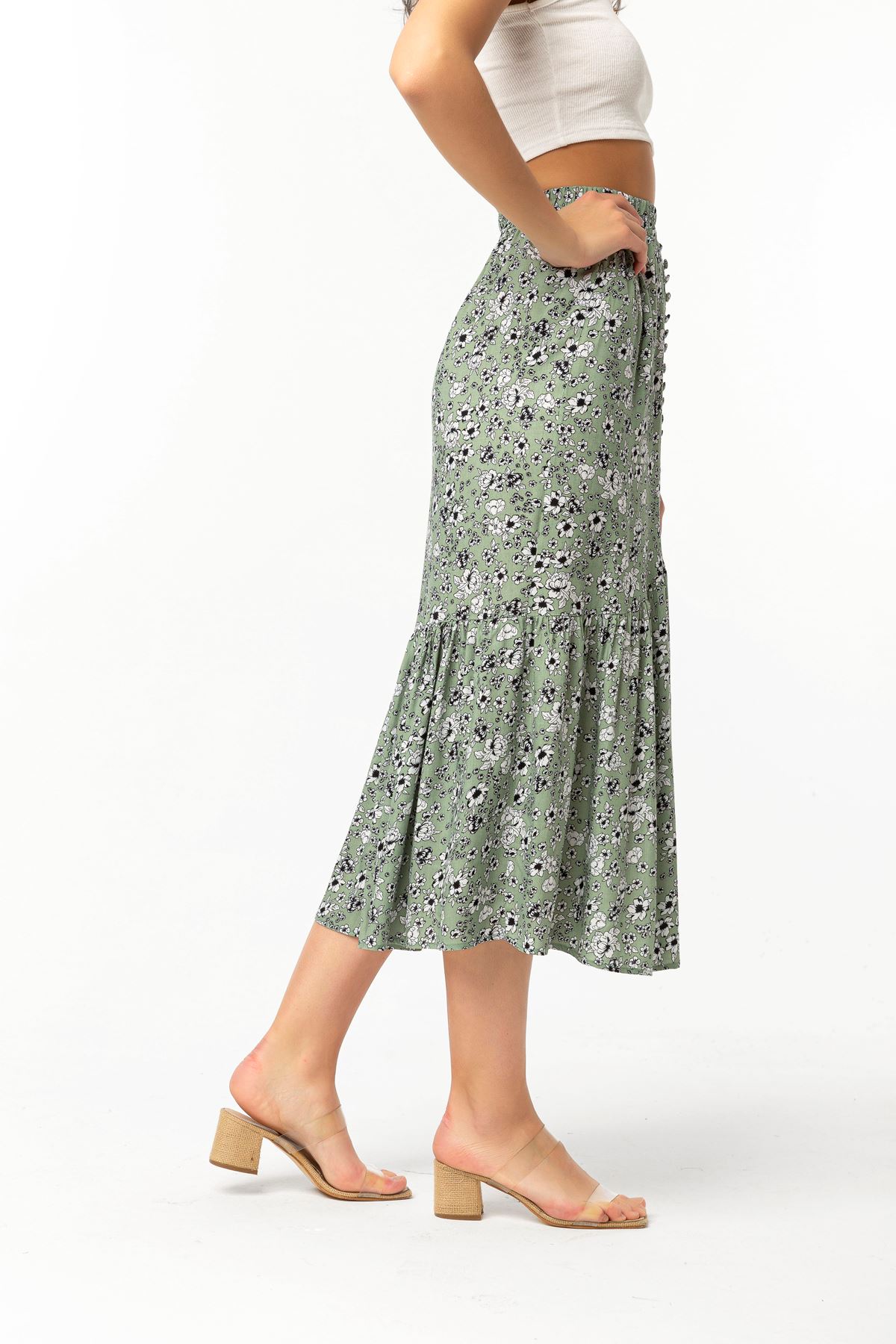 تنورة نسائية قماش فيسكون طويل قالب مريح نمط زهرة - اخضر فاتح