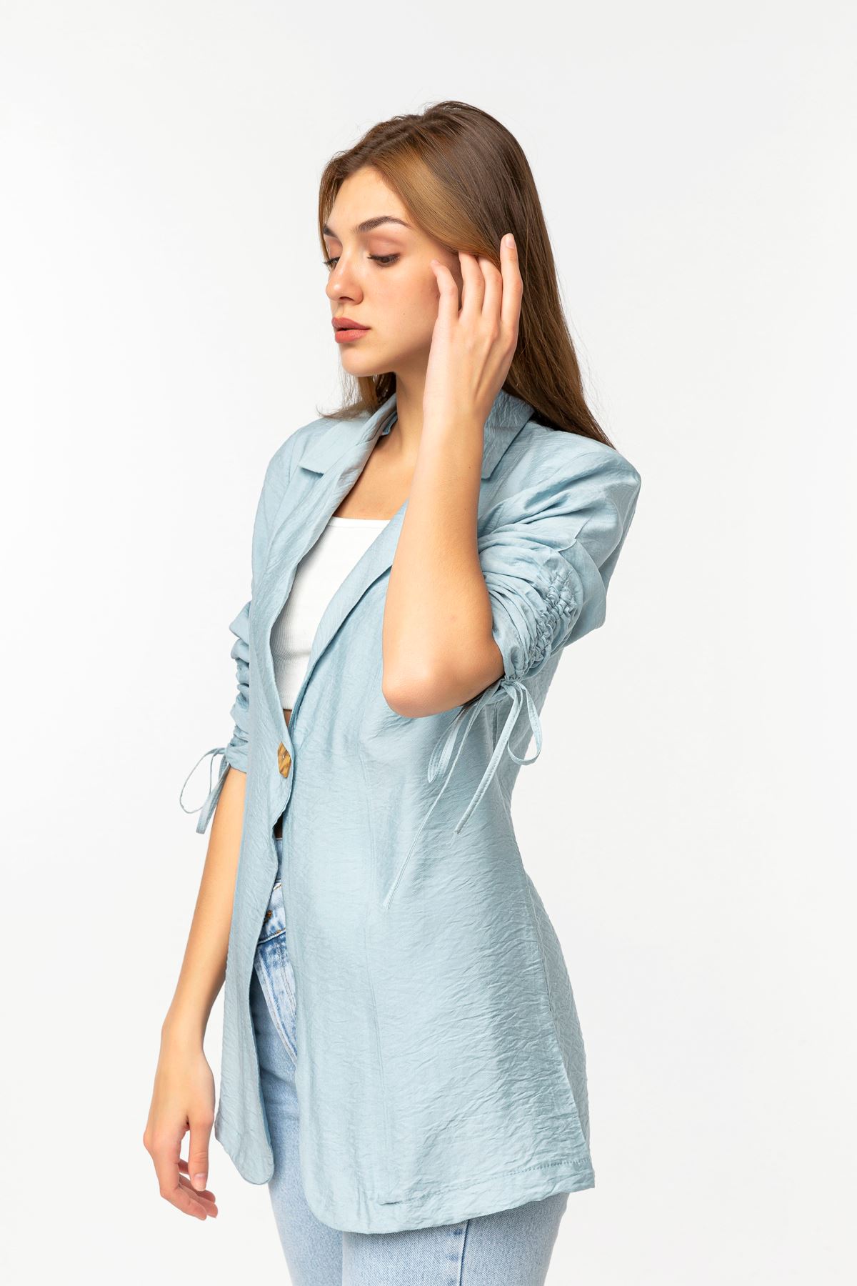 Аэробин Ткань ревер воротник высота бедра свободный женский пиджак - Голубой