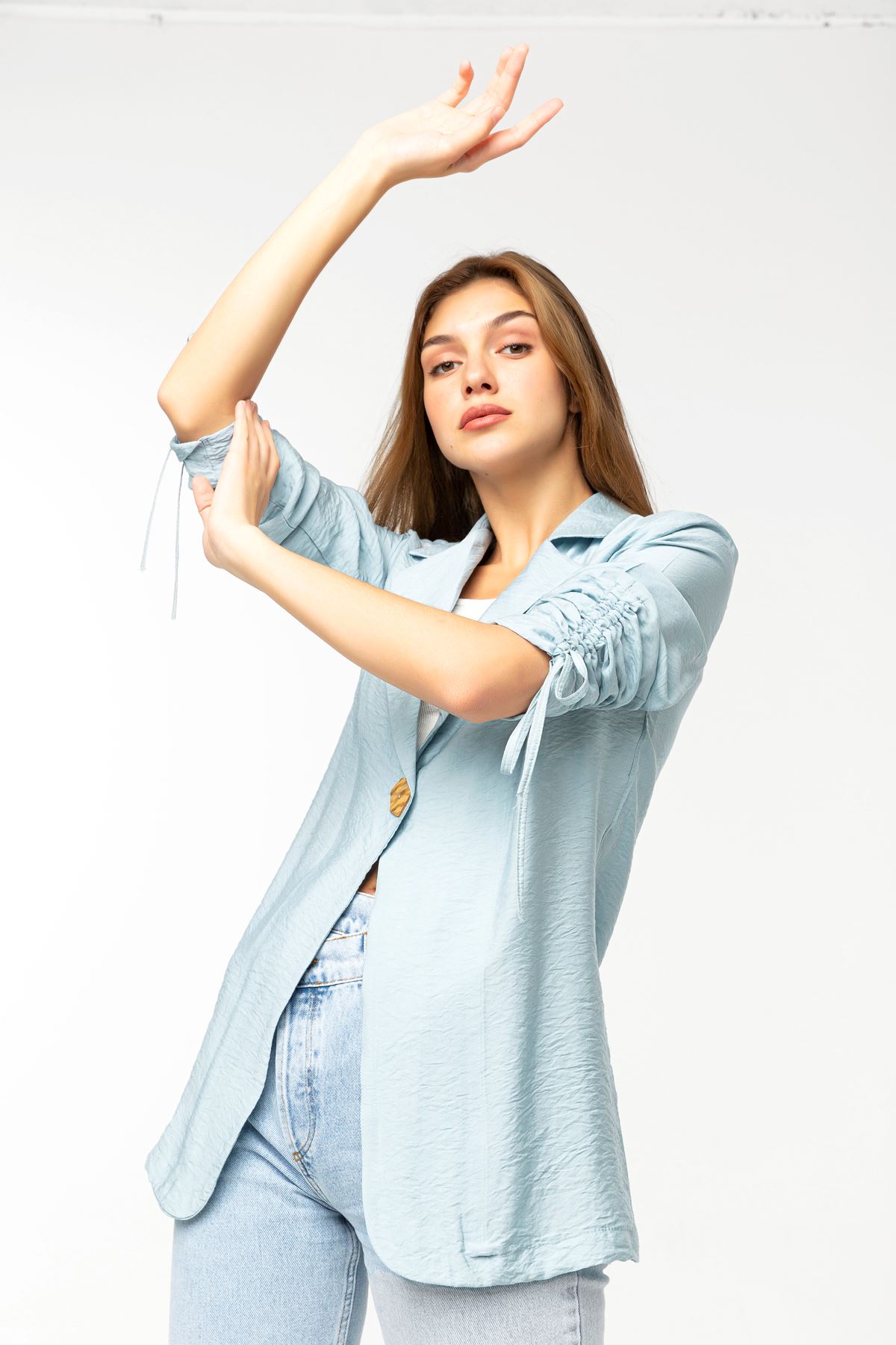 Aerobin Fabric Revere Collar Hip Height Comfy Women Jacket - Light Blue