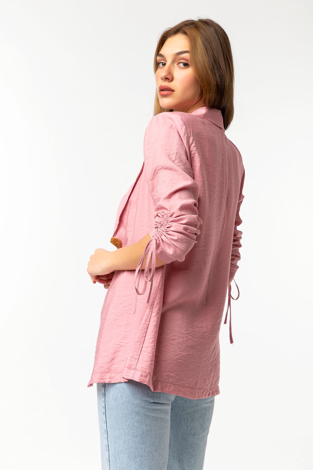 Аэробин Ткань ревер воротник высота бедра свободный женский пиджак - Светло розовый