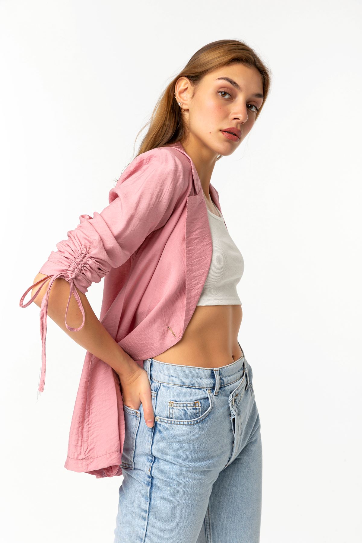Аэробин Ткань ревер воротник высота бедра свободный женский пиджак - Светло розовый