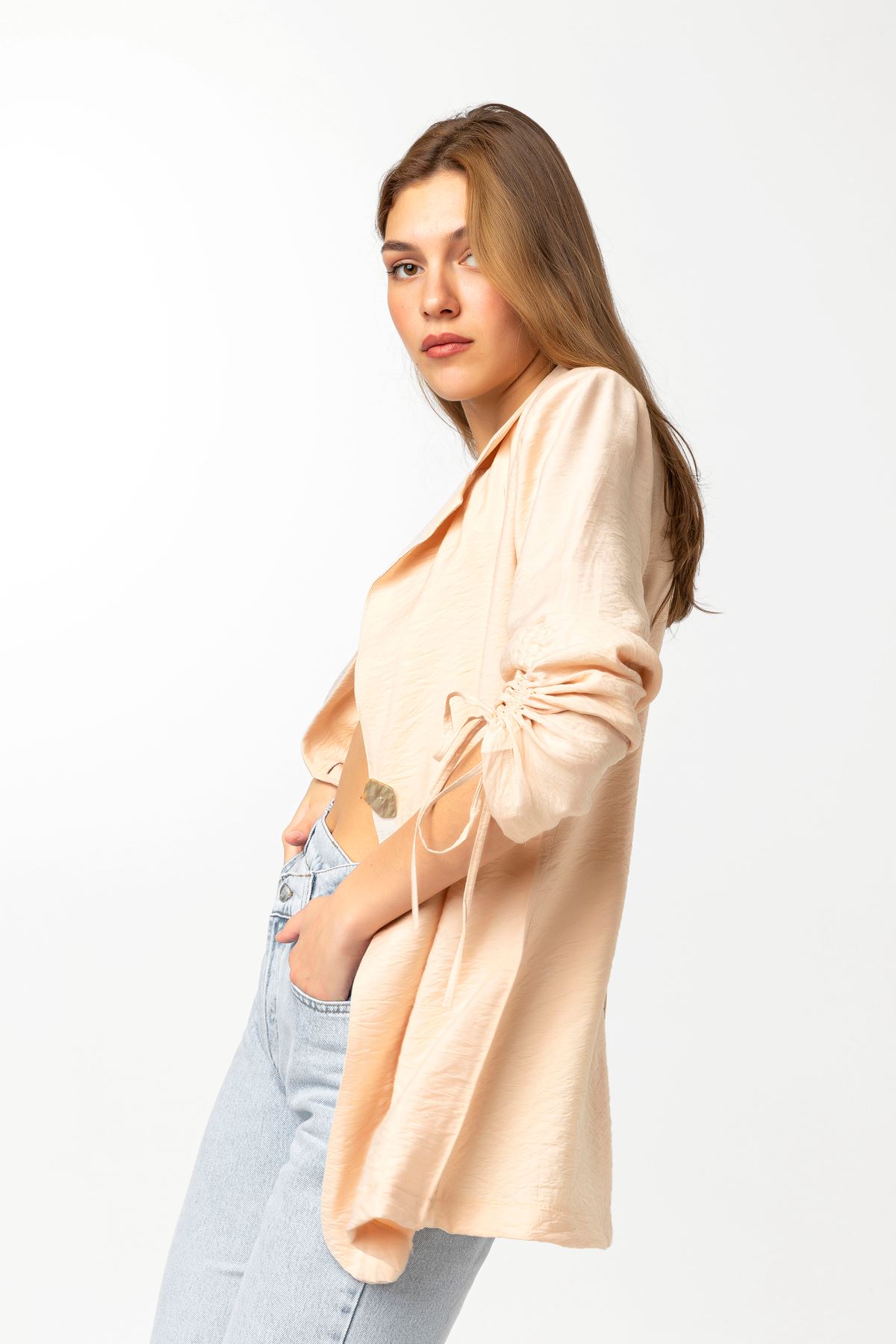 Aerobin Fabric Revere Collar Hip Height Comfy Women Jacket - Beige 