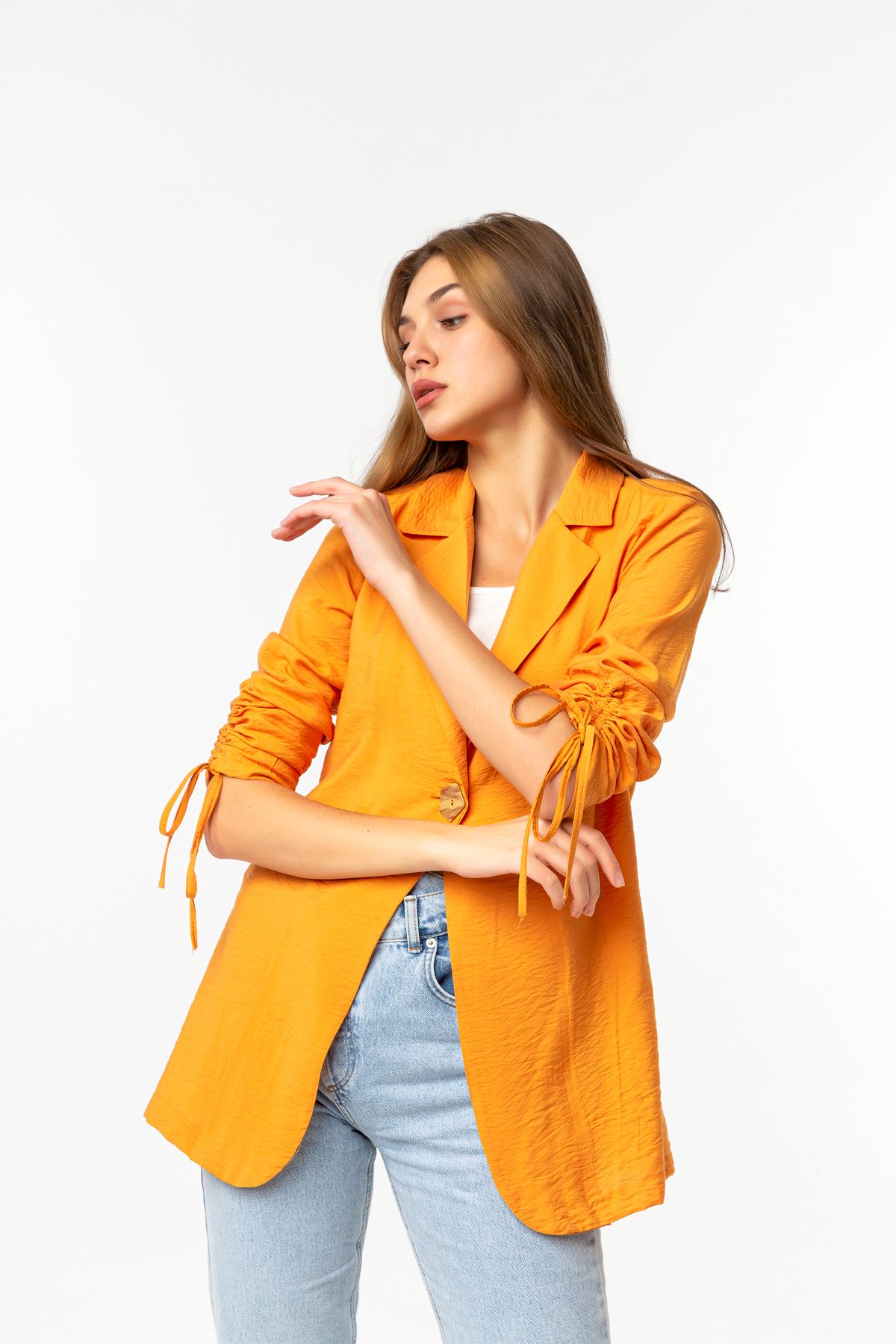 Aerobin Fabric Revere Collar Hip Height Comfy Women Jacket - Orange