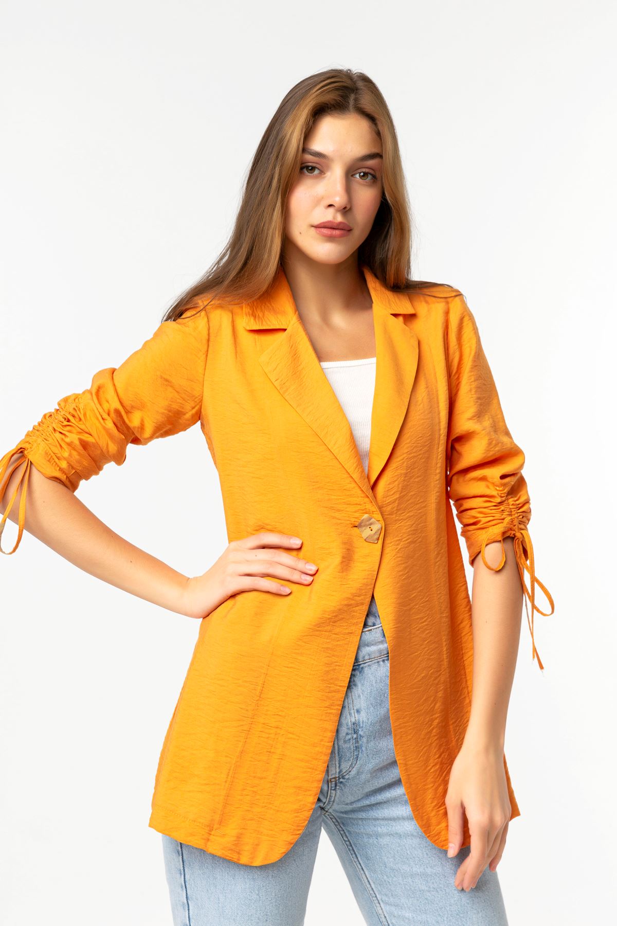 Aerobin Fabric Revere Collar Hip Height Comfy Women Jacket - Orange