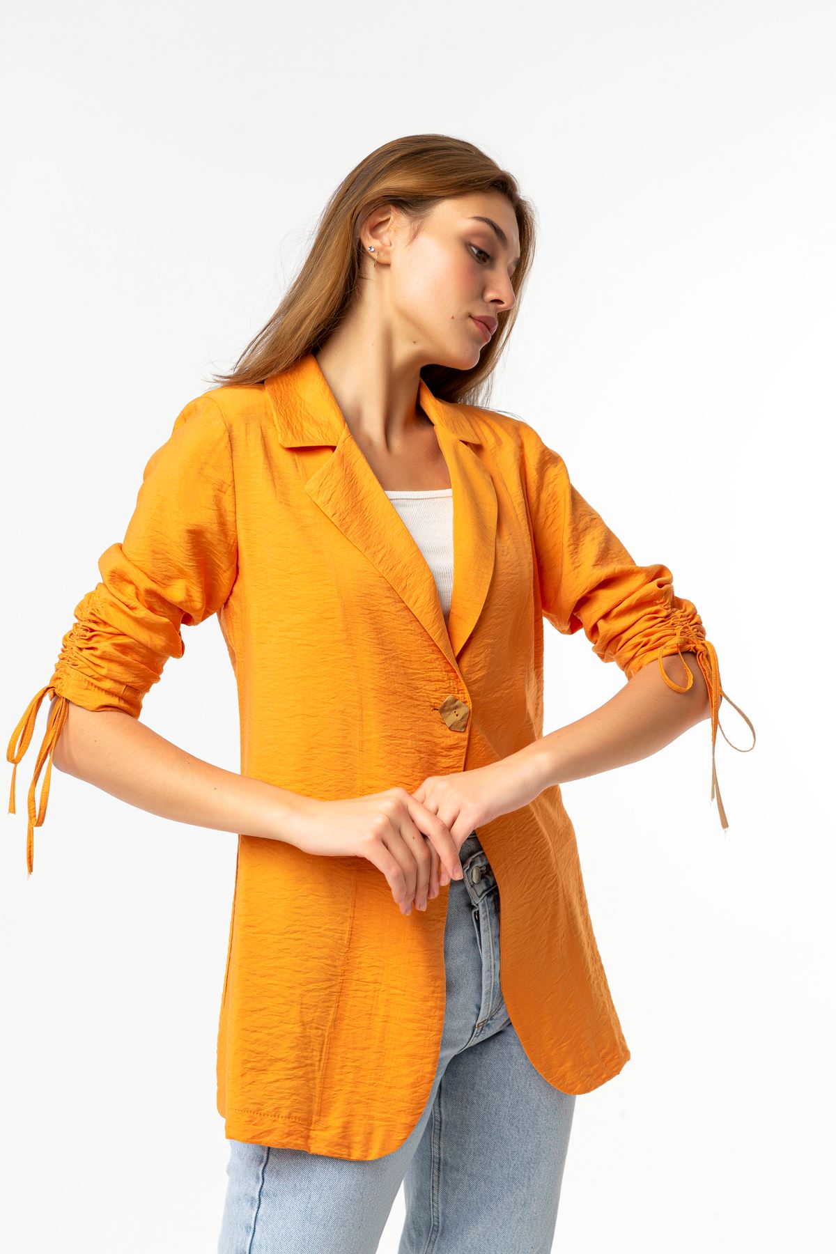 Аэробин Ткань ревер воротник высота бедра свободный женский пиджак - Оранжевый