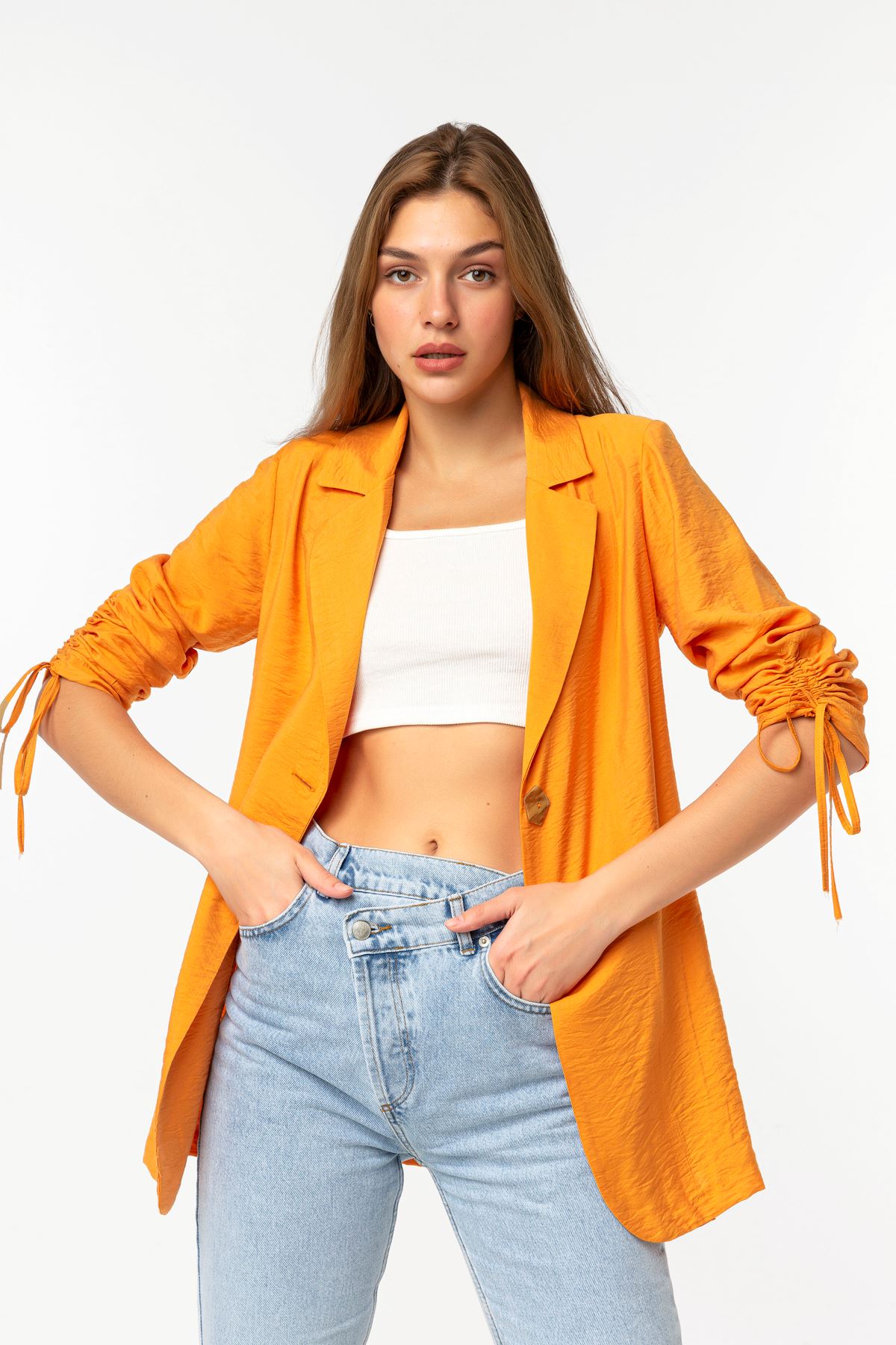 Аэробин Ткань ревер воротник высота бедра свободный женский пиджак - Оранжевый