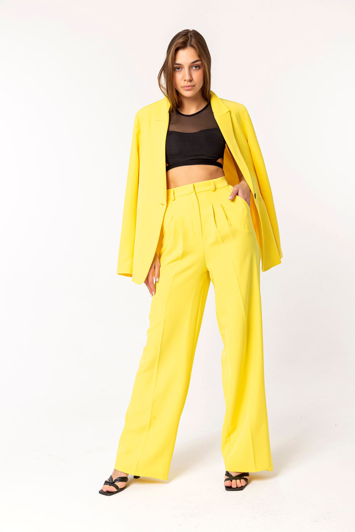 Atlas Fabric Long Wide Palazzo Women'S Trouser - Yellow