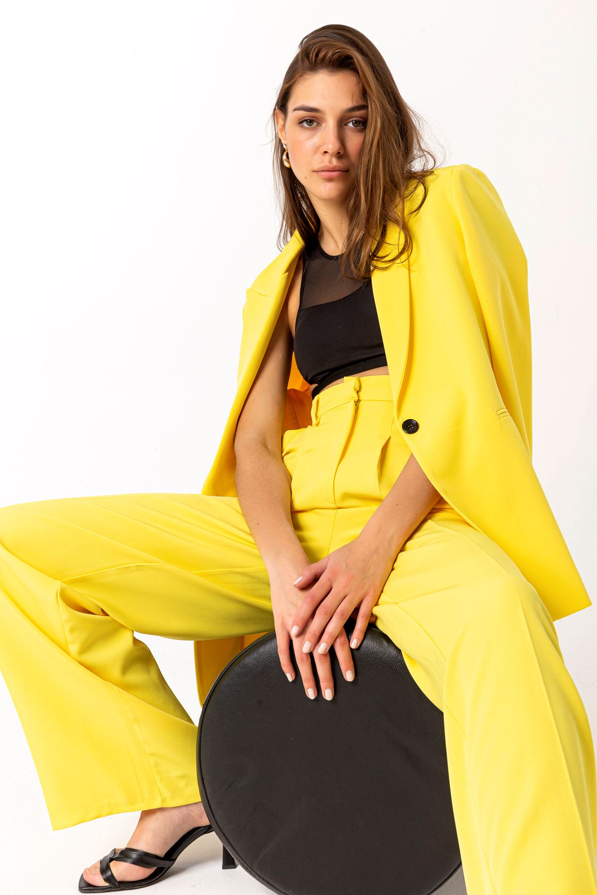 Atlas Fabric Long Wide Palazzo Women'S Trouser - Yellow