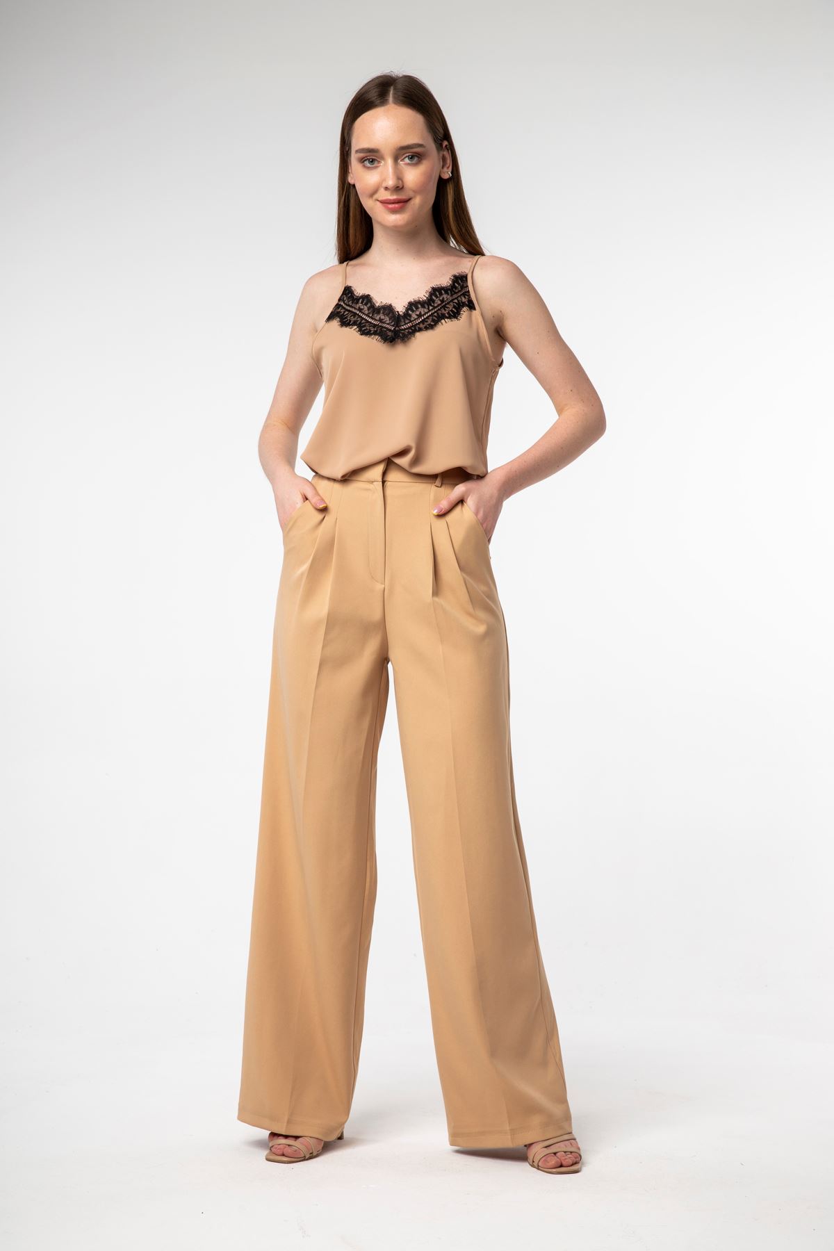 Atlas Fabric Long Wide Palazzo Women'S Trouser - Light Brown
