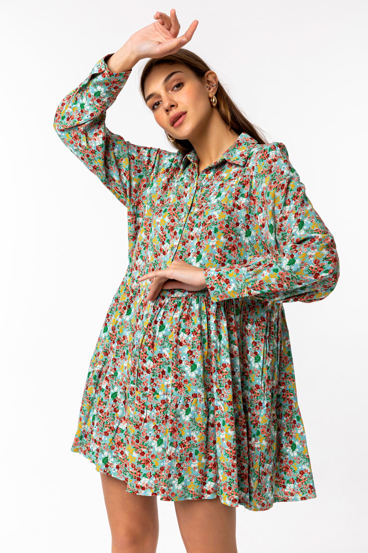 Viscose Fabric Long Sleeve Mini Wide Flower Print Women Dress - Mint